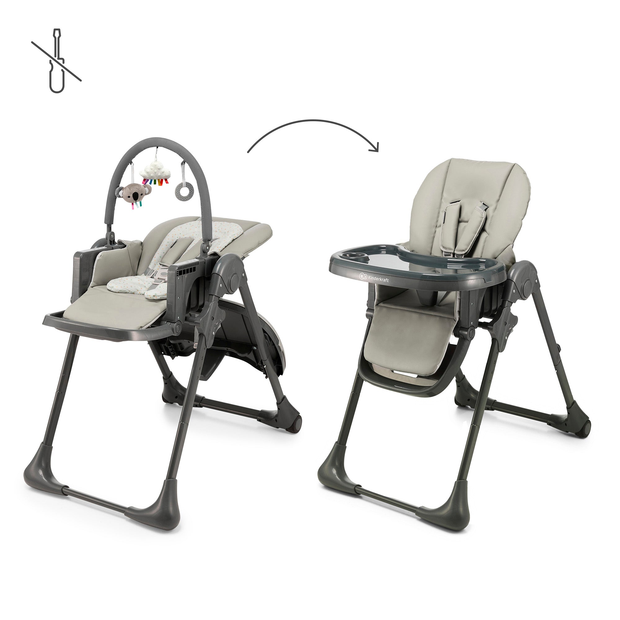 Kinderkraft Tummie bouncer and high chair modes, Grey