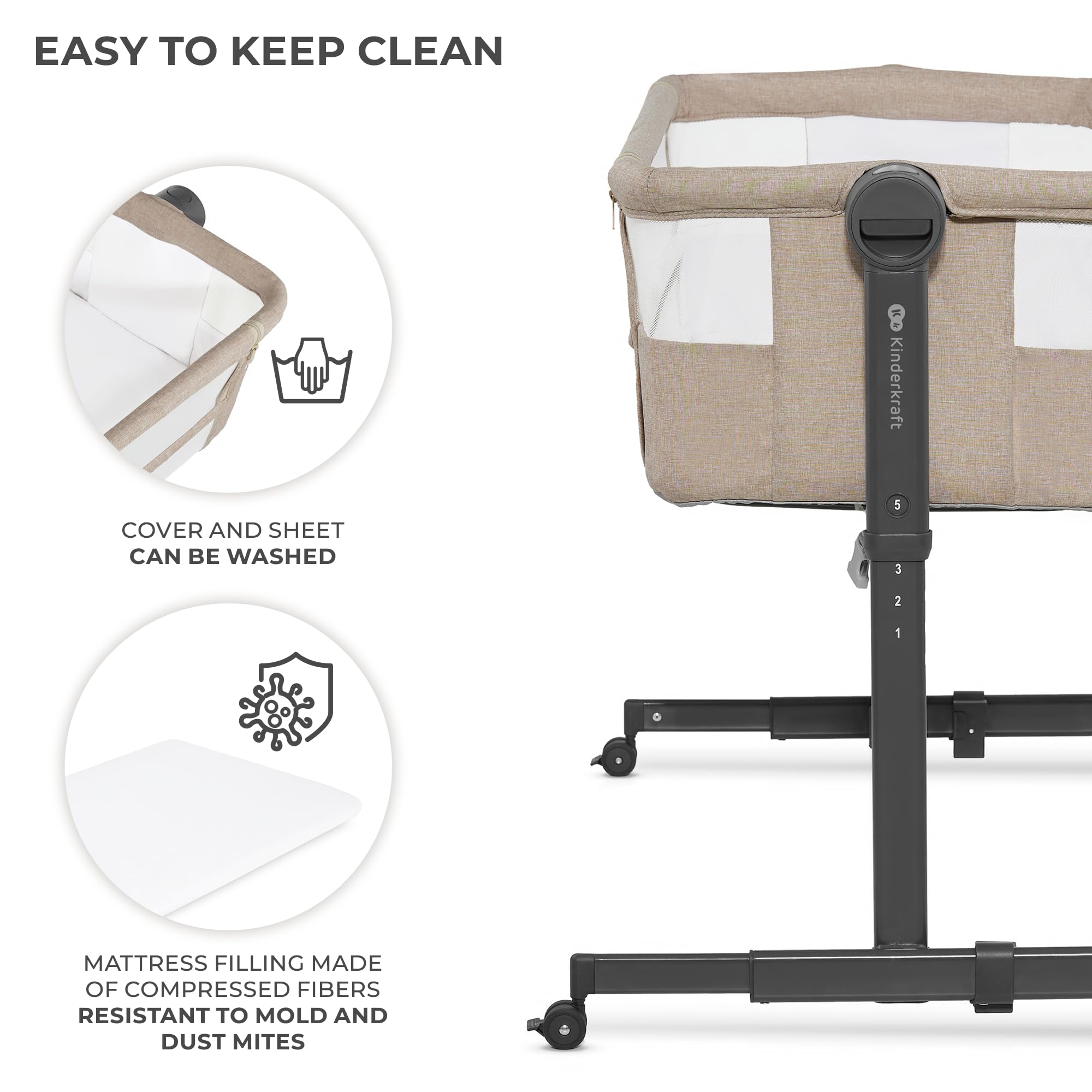Kinderkraft Neste UP2 2-in-1 Bedside Crib & Portable Travel Bassinet Co-Sleeper for Newborn, Adjustable Height, Light Gray