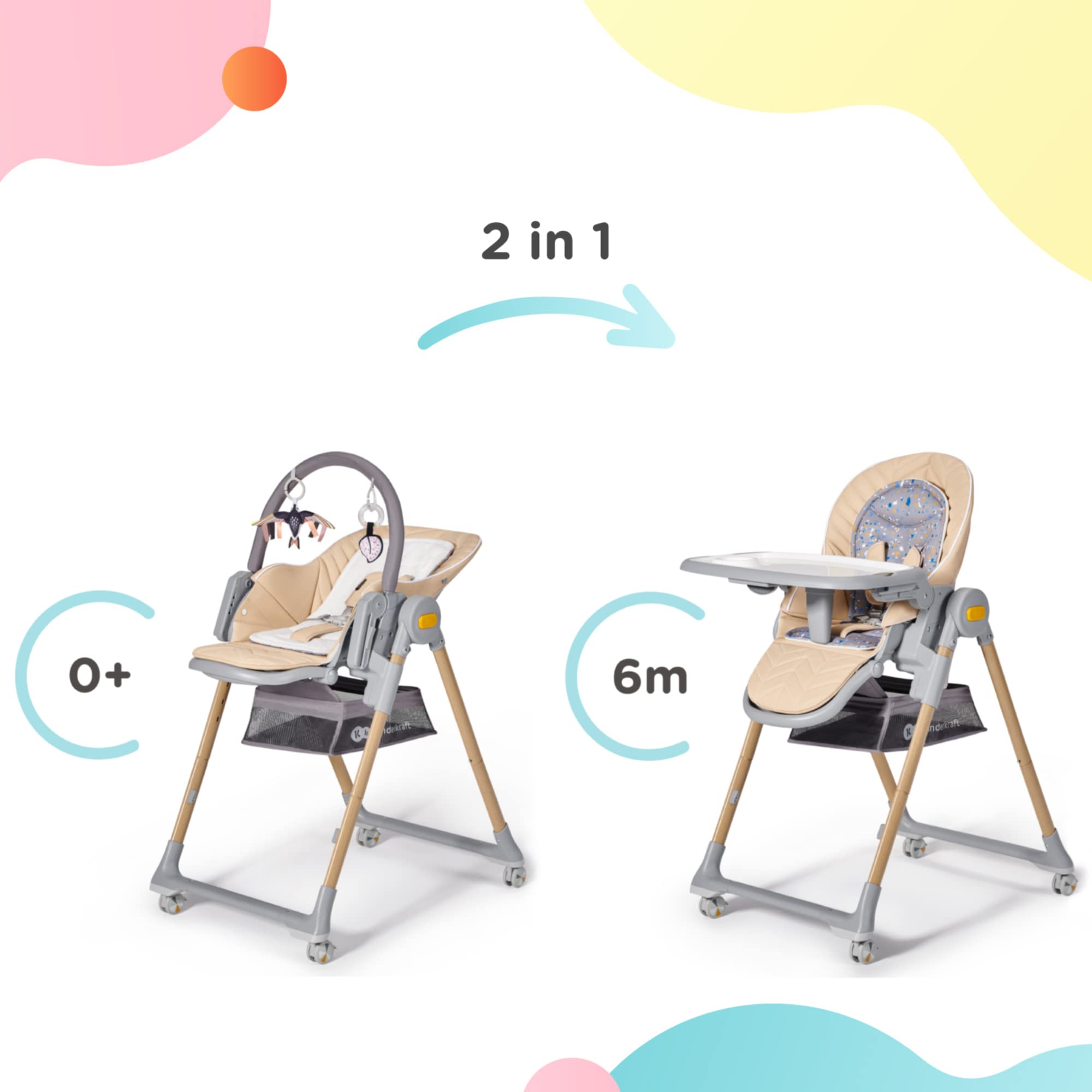 Kinderkraft Lastree 2-in-1 High Chair & Infant Seat, Convertible Foldable Toddler Feeding Chair, 0–33 lbs