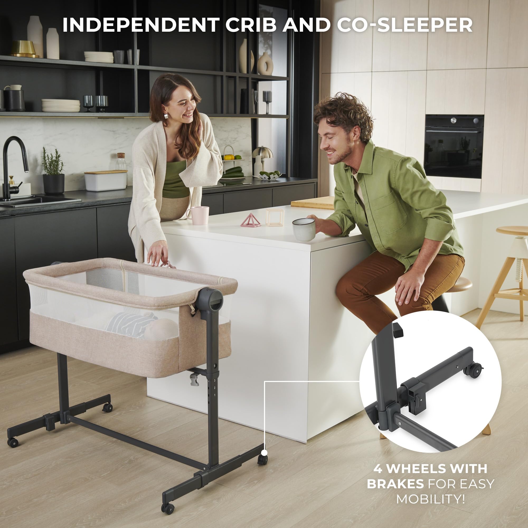 Kinderkraft Neste UP2 Bedside Crib & Co-Sleeper Bassinet, Adjustable 5-Stage Height with Breathable Mesh Sides, Newborn to 20 lbs