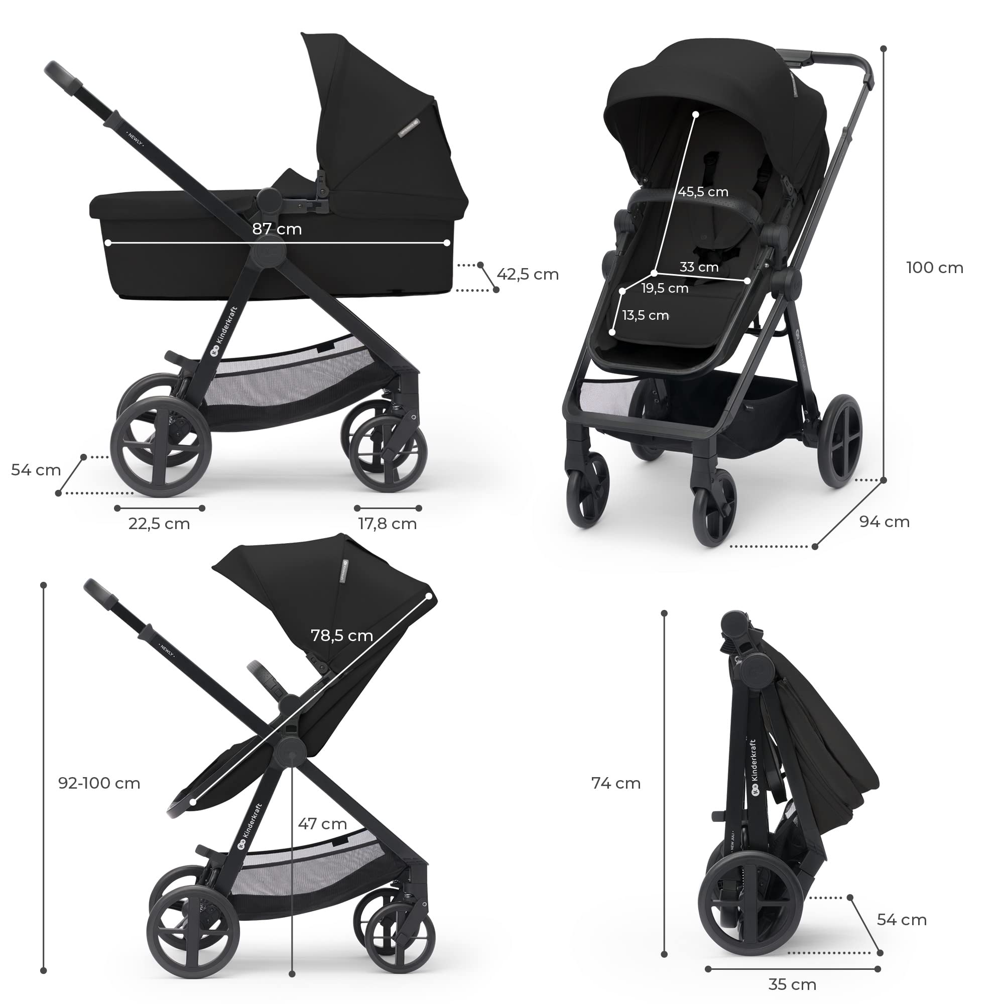 Kinderkraft Newly 2-in-1 Convertible Baby Stroller, Reversible Bassinet Pramette for Infant to Toddler, One-Hand Fold, Up to 48 lbs, Gray