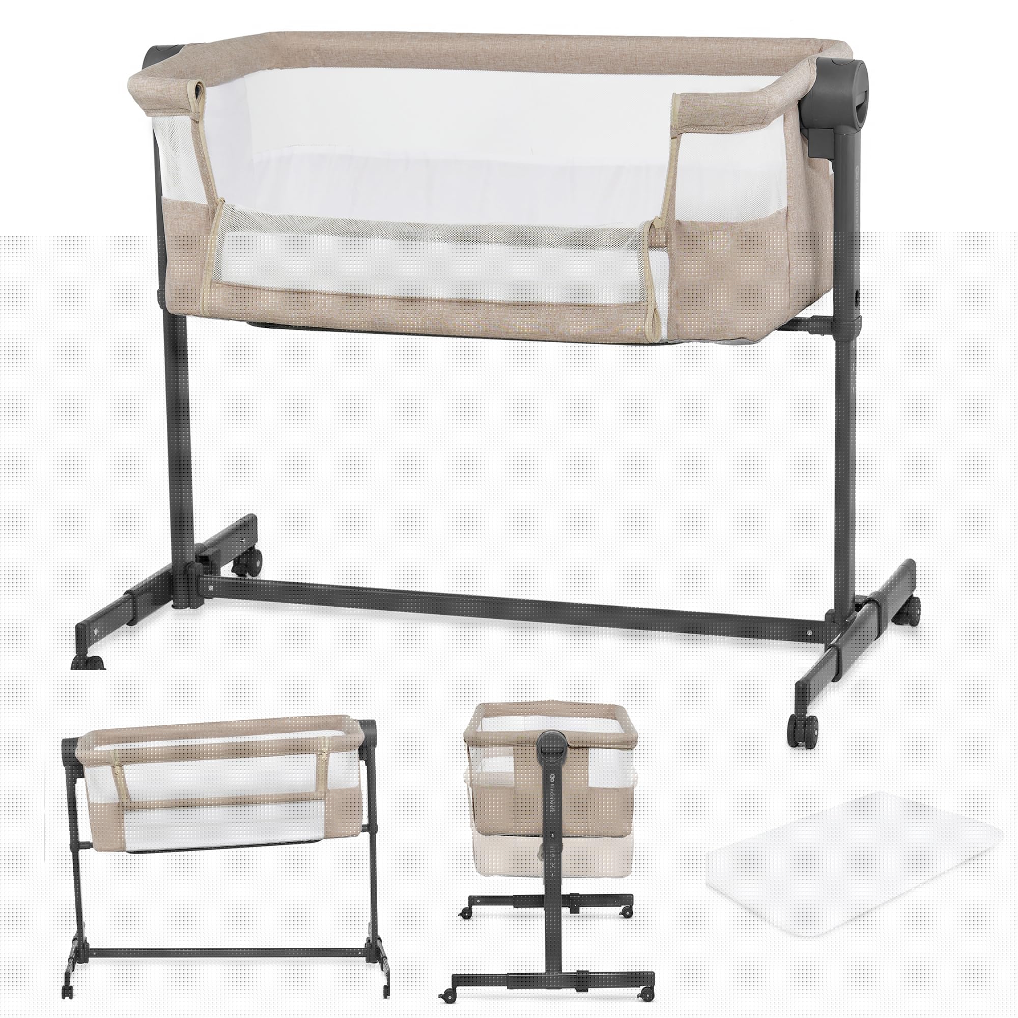Kinderkraft Neste UP2 Bedside Crib & Co-Sleeper Bassinet, Adjustable 5-Stage Height with Breathable Mesh Sides, Newborn to 20 lbs