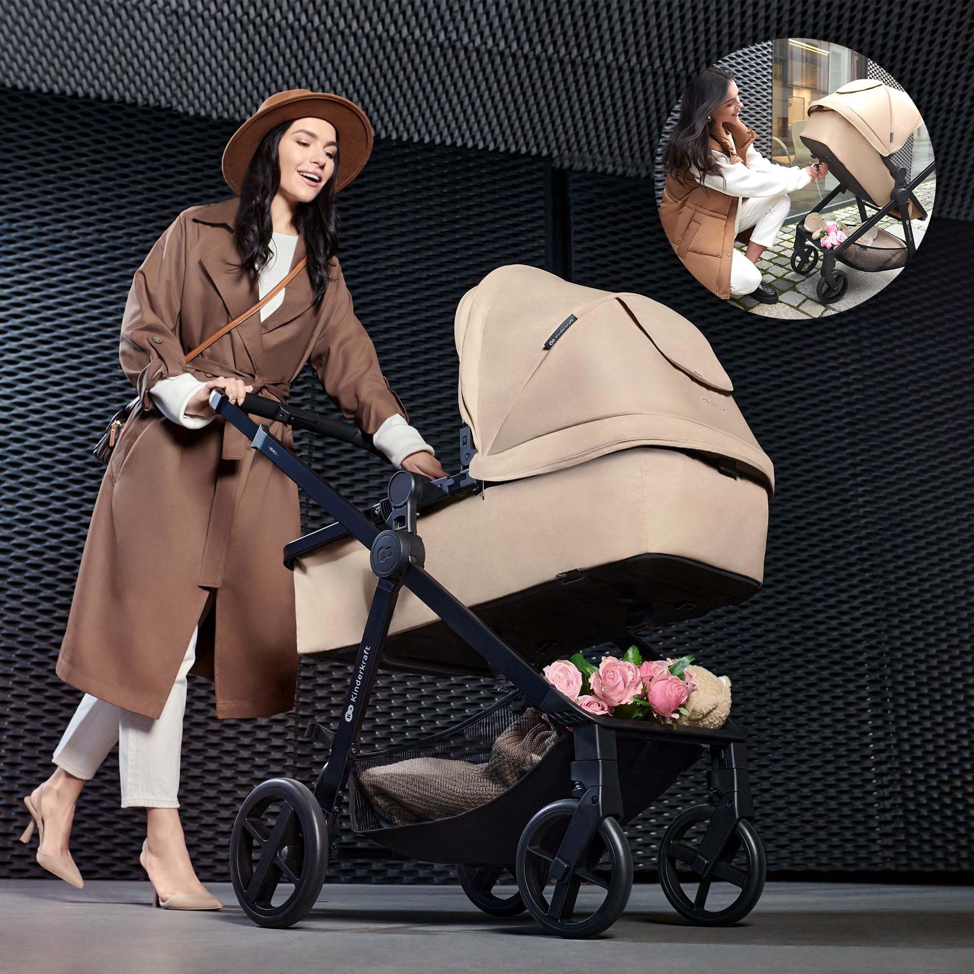Kinderkraft Newly 2-in-1 Convertible Baby Stroller, Reversible Bassinet Pramette for Infant to Toddler, One-Hand Fold, Up to 48 lbs, Gray