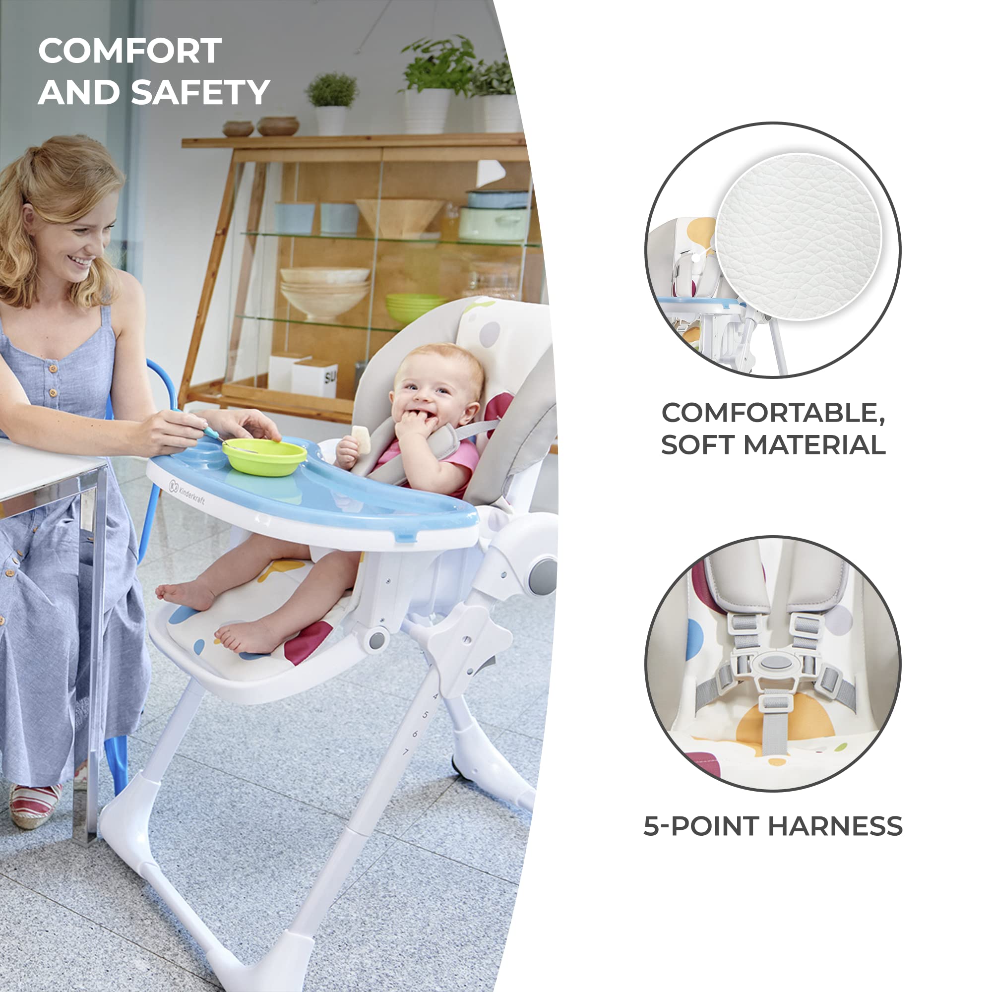 Kinderkraft Yummy Adjustable Baby High Chair, Foldable Toddler Feeding Chair with Removable Tray, 6 Months to 3 Years, Multicolor