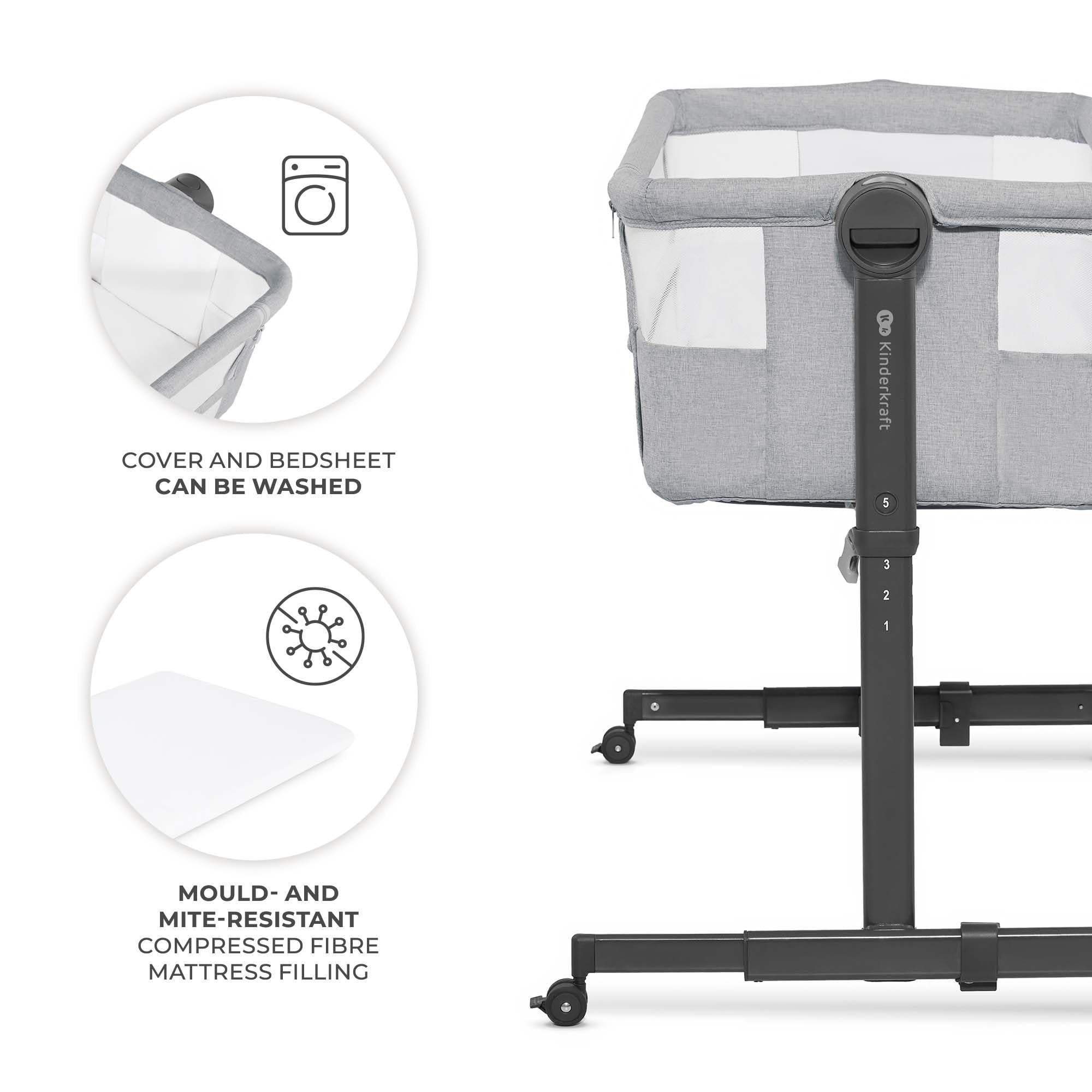 Kinderkraft Neste UP2 2-in-1 Bedside Bassinet & Co-Sleeper Crib, Adjustable Height with Breathable Mesh Sides