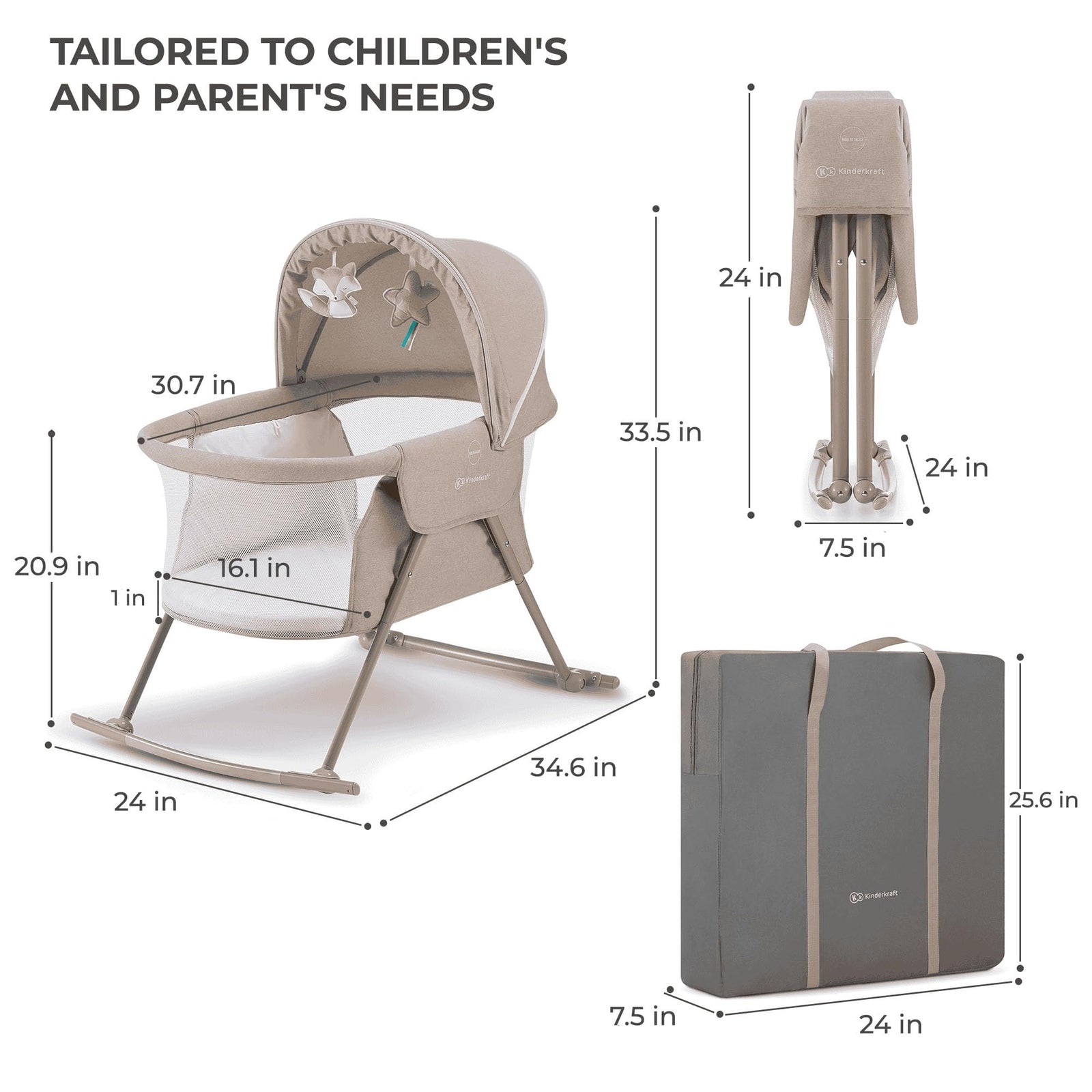 Kinderkraft LOVI Portable Travel Bassinet & Bedside Co-Sleeper Crib, Foldable, Up to 20 lbs