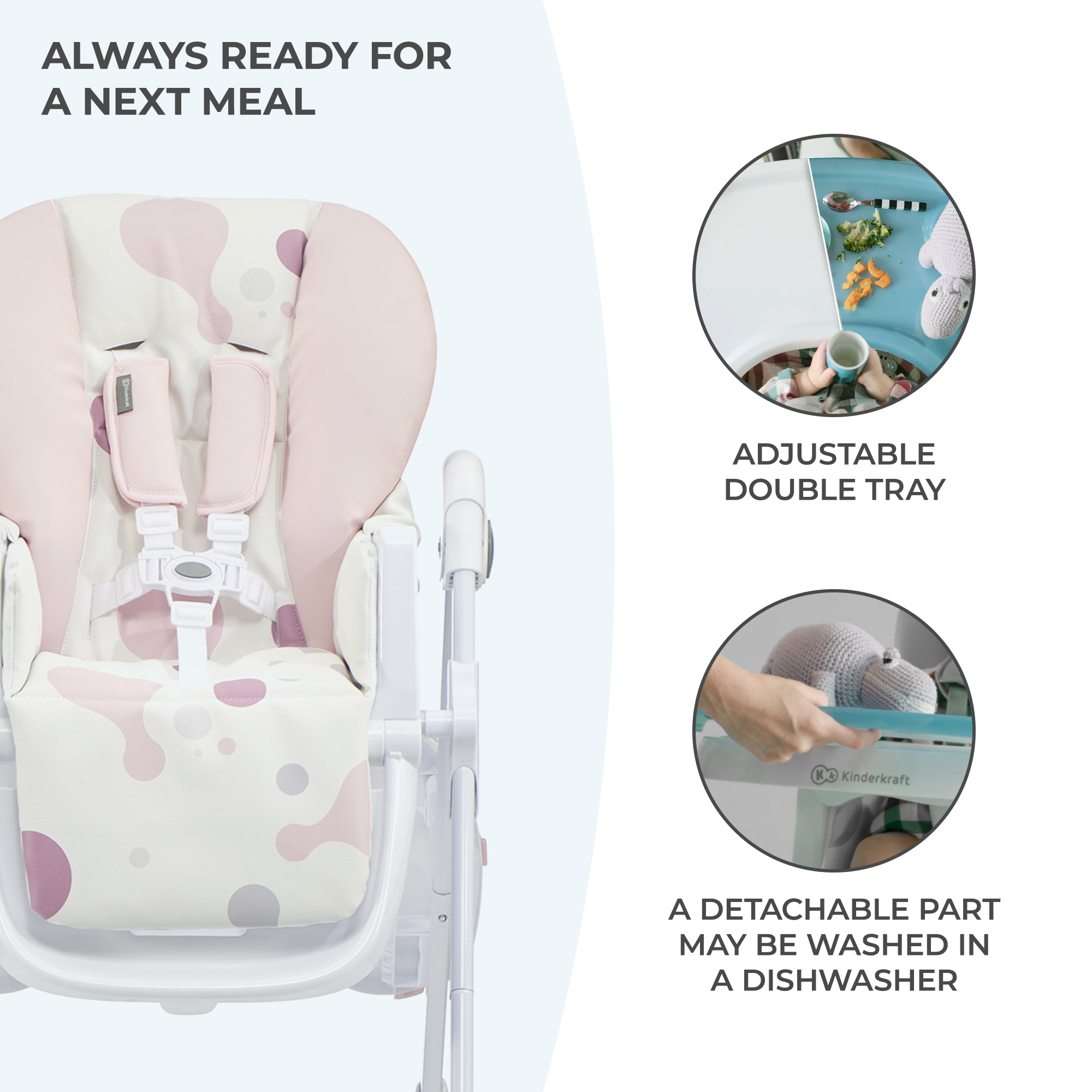 Kinderkraft Yummy Adjustable Baby High Chair, Foldable Toddler Feeding Chair with Removable Tray, 6 Months to 3 Years, Up to 33 lbs