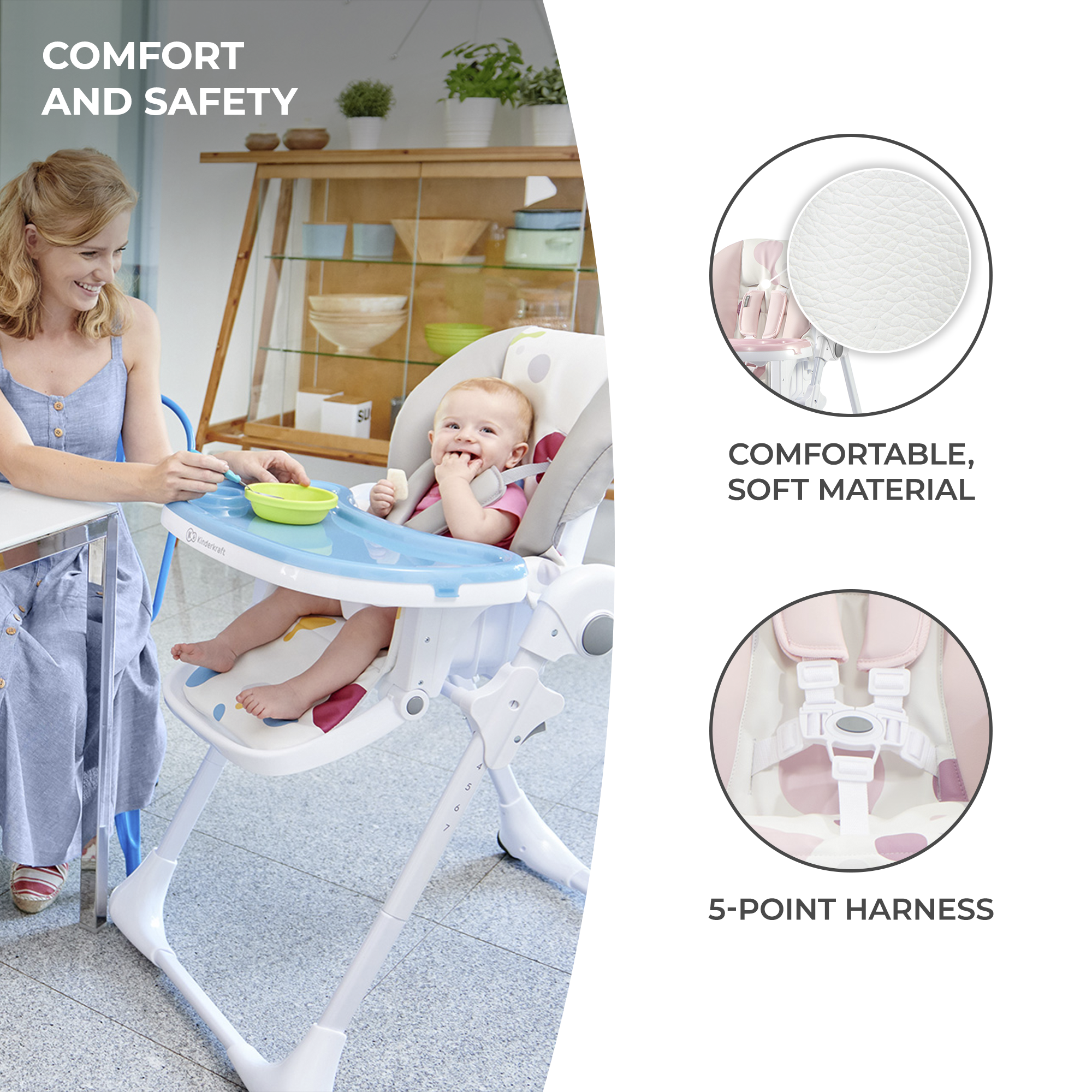Kinderkraft Yummy Adjustable Baby High Chair, Foldable Toddler Feeding Chair with Removable Tray, 6 Months to 3 Years, Up to 33 lbs