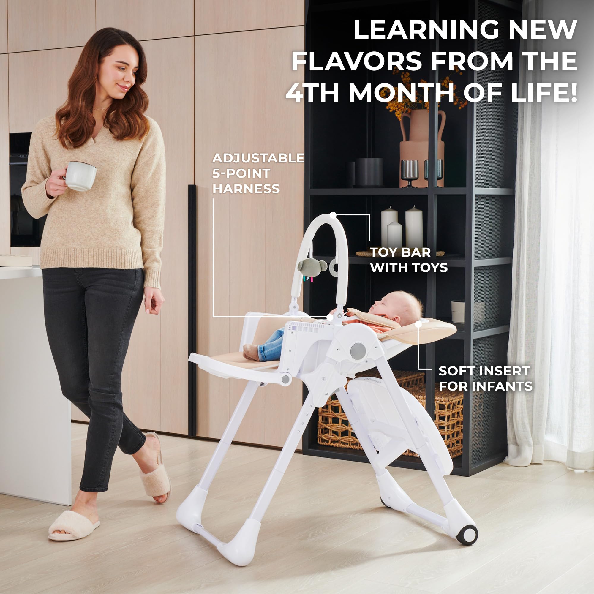 Kinderkraft Tummie 2-in-1 Convertible High Chair & Infant Bouncer, Adjustable Baby Feeding Chair, Birth to 33 lbs