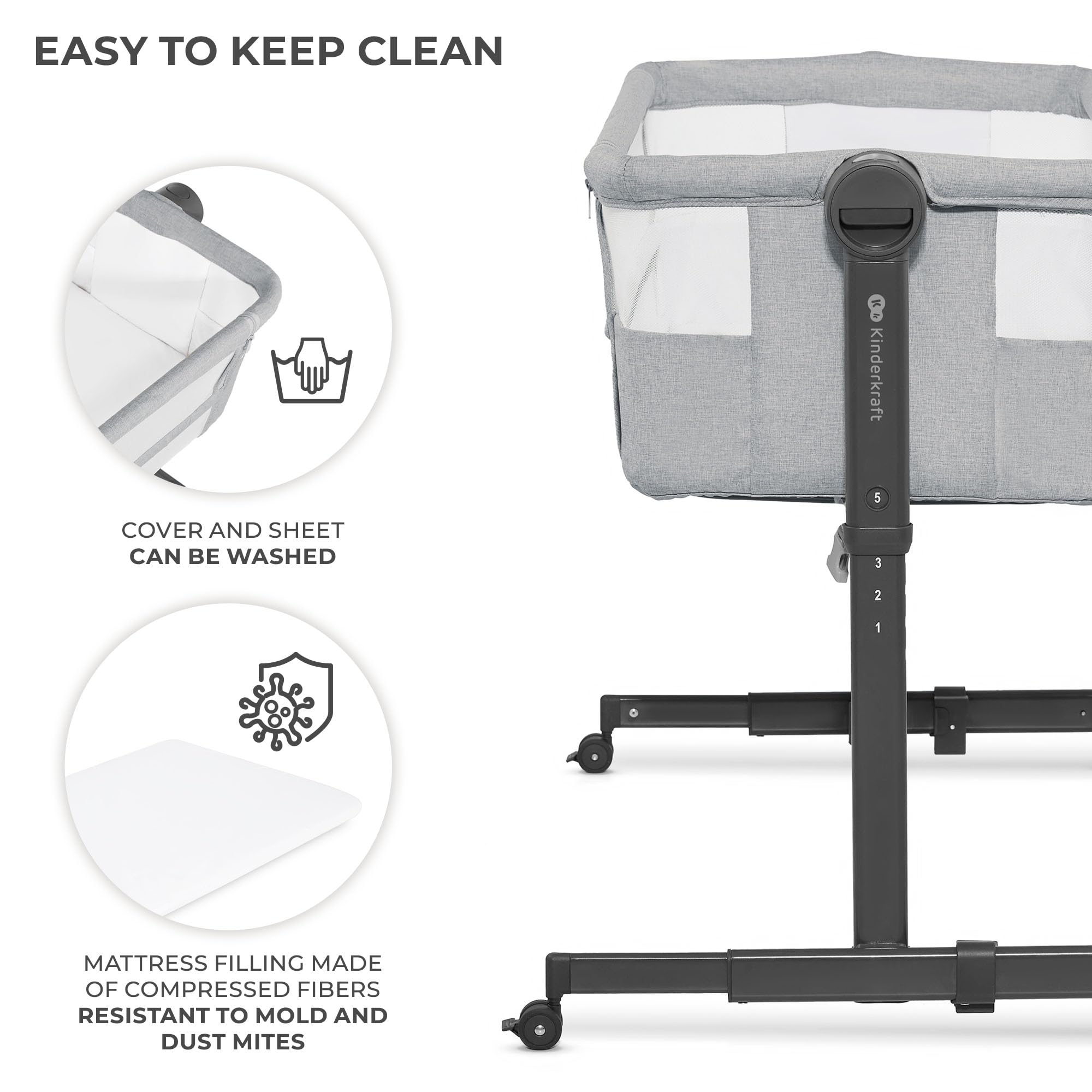Kinderkraft Neste UP2 Bedside Crib & Co-Sleeper Bassinet, Adjustable 5-Stage Height with Breathable Mesh Sides, Newborn to 20 lbs