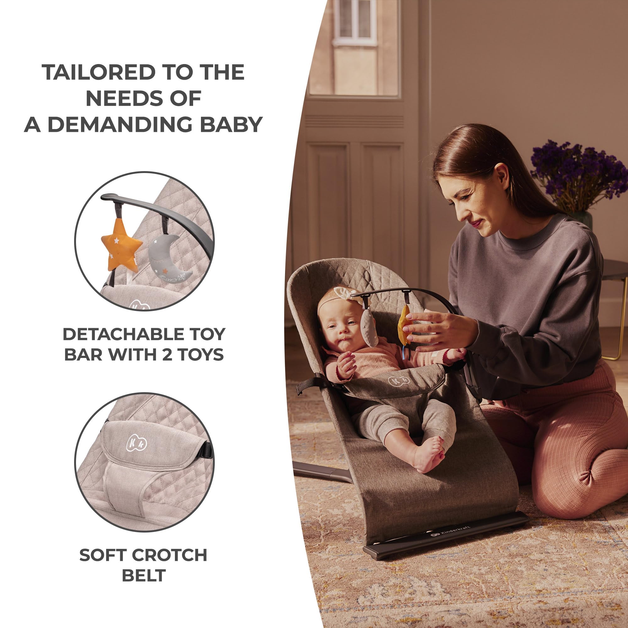 Kinderkraft Mimi Portable Baby Bouncer Seat with Self-Rocking Motion, Foldable Infant Bouncer for Newborn, Up to 13 lbs