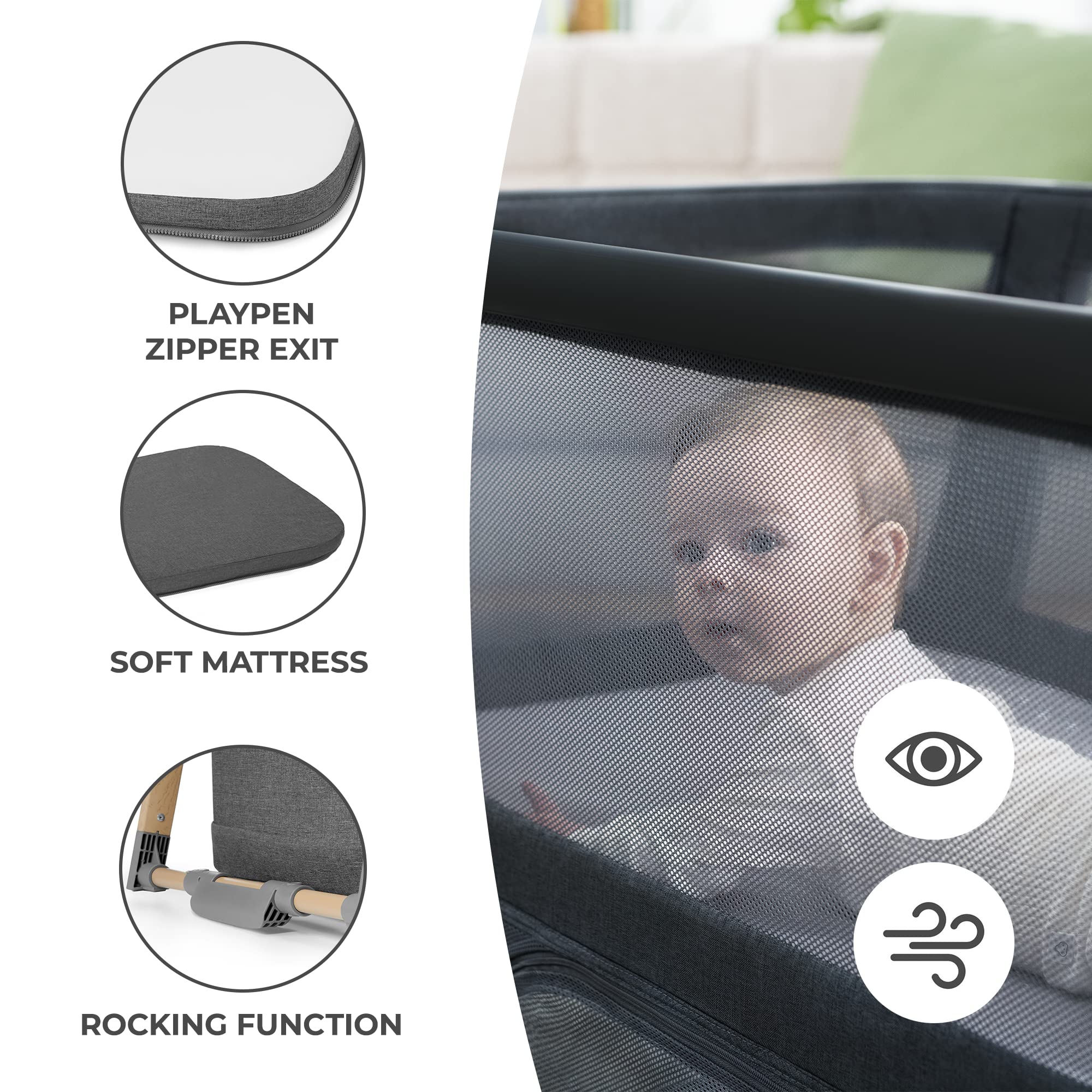 Kinderkraft Sofi 4-in-1 Portable Travel Crib & Baby Playpen, Foldable Pack and Play with Bassinet, Newborn to 33 lbs