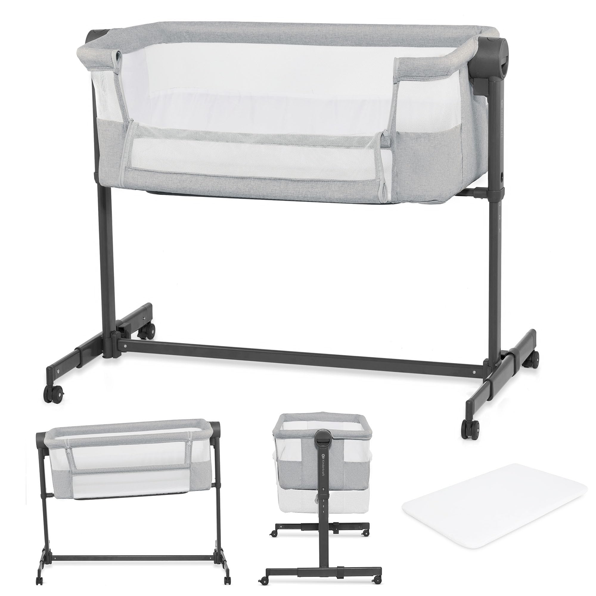 Kinderkraft Neste UP2 Bedside Crib & Co-Sleeper Bassinet, Adjustable 5-Stage Height with Breathable Mesh Sides, Newborn to 20 lbs