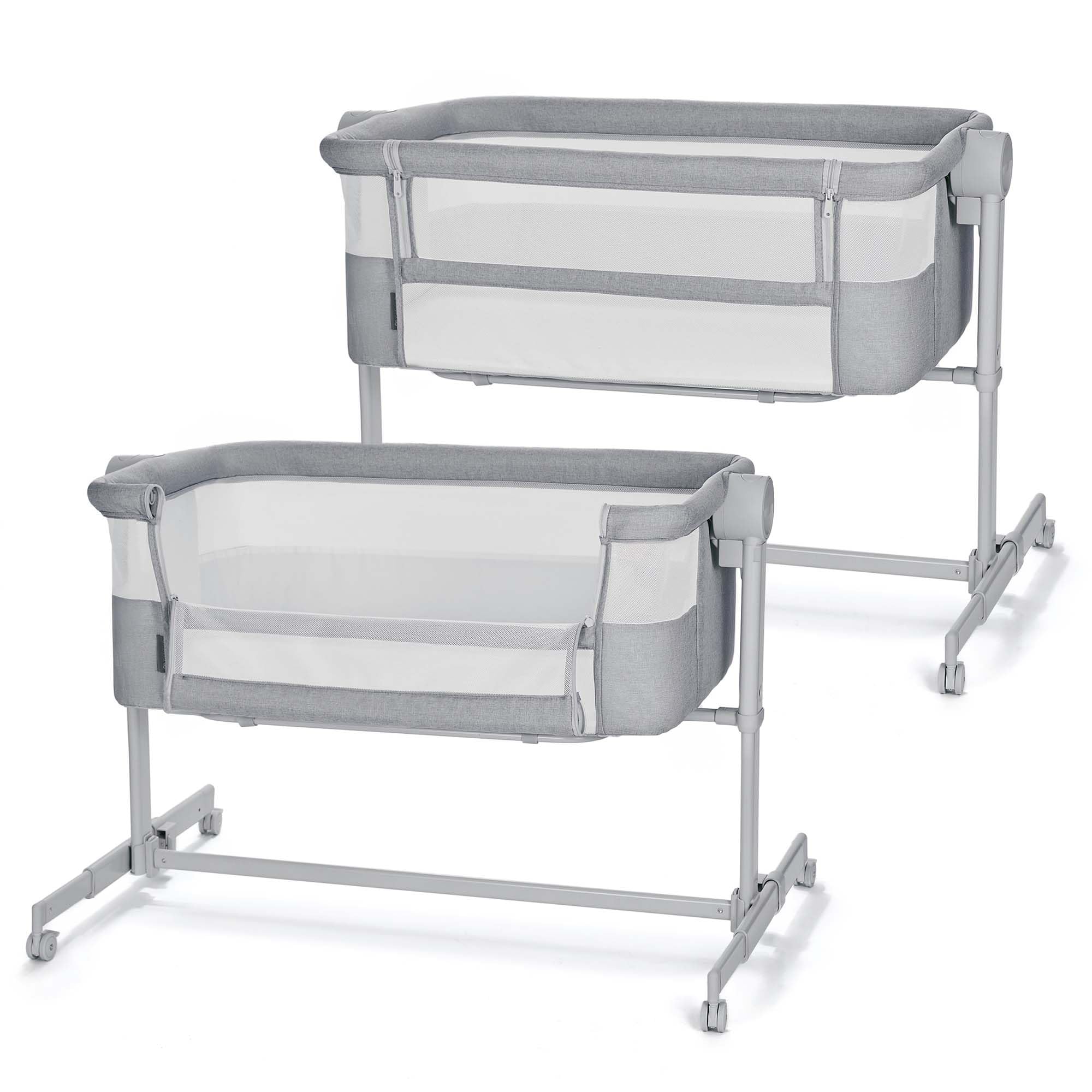 Kinderkraft NESTEE UP 2 bedside crib in Full Light Gray, light gray frame and fabric, shown at two heights