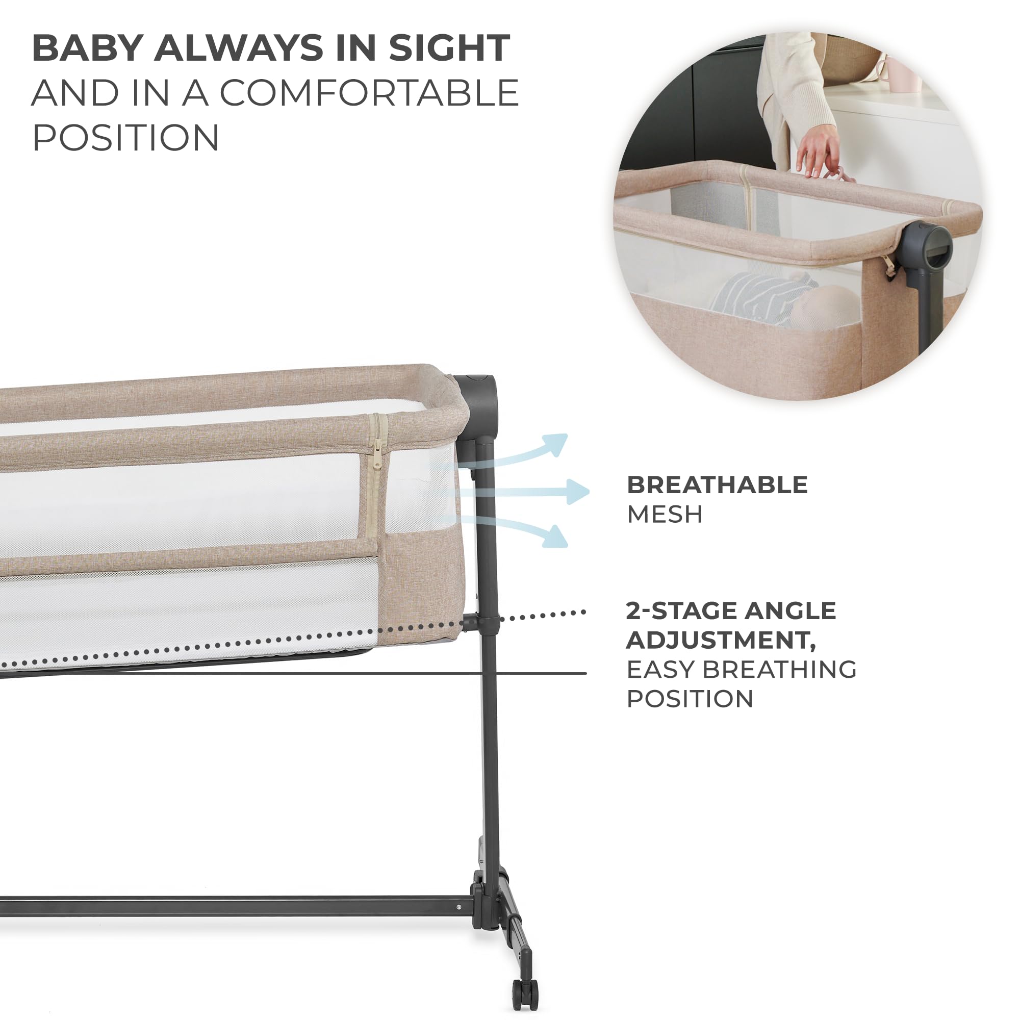 Kinderkraft Neste UP2 Bedside Crib & Co-Sleeper Bassinet, Adjustable 5-Stage Height with Breathable Mesh Sides, Newborn to 20 lbs