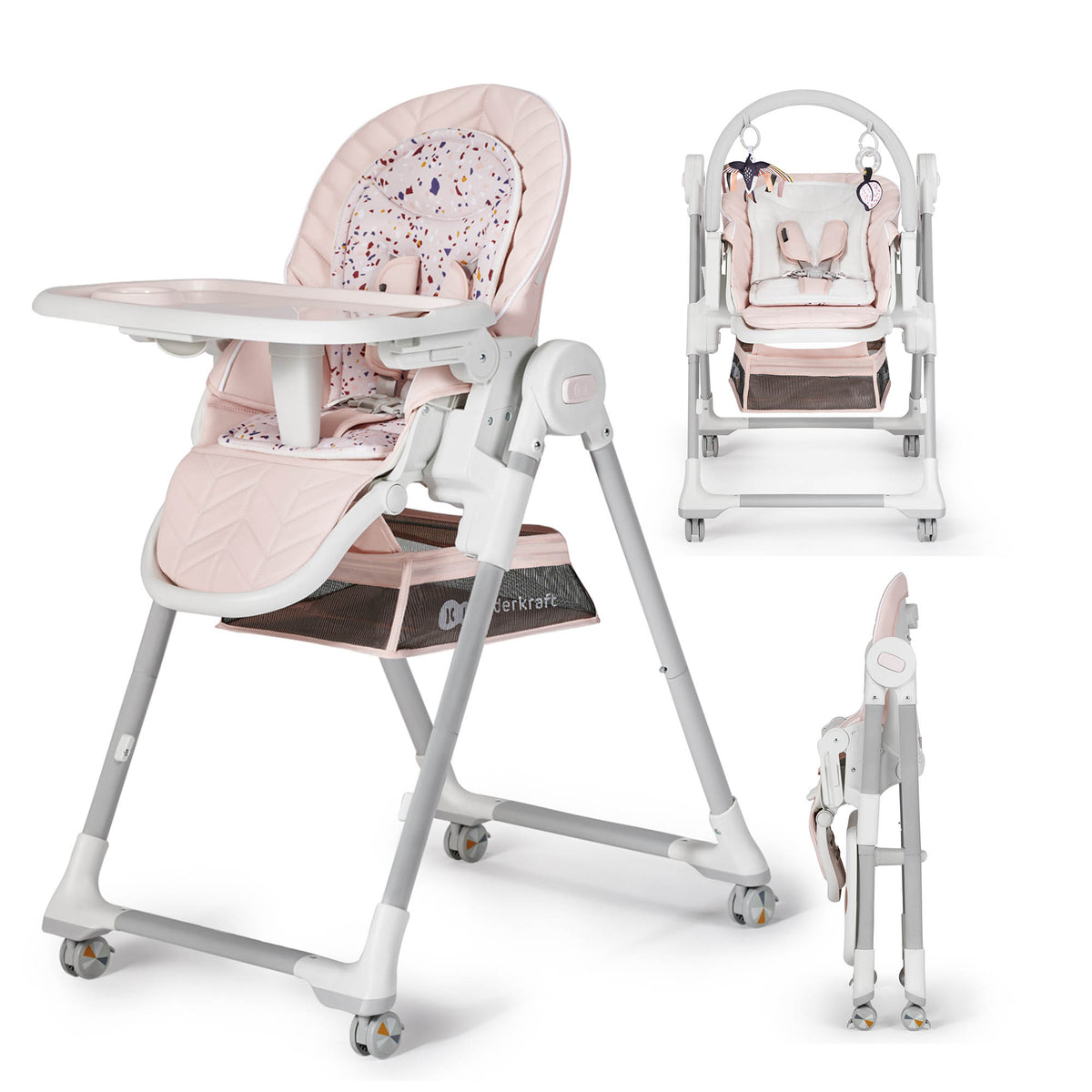 Kinderkraft Lastree 2-in-1 high chair in pink, shown as high chair, infant recliner and folded
