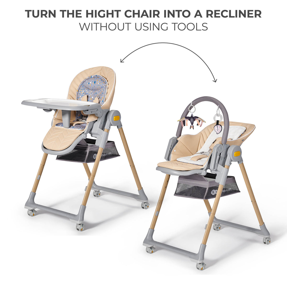 Wooden beige Kinderkraft Lastree converting from high chair to infant recliner without tools