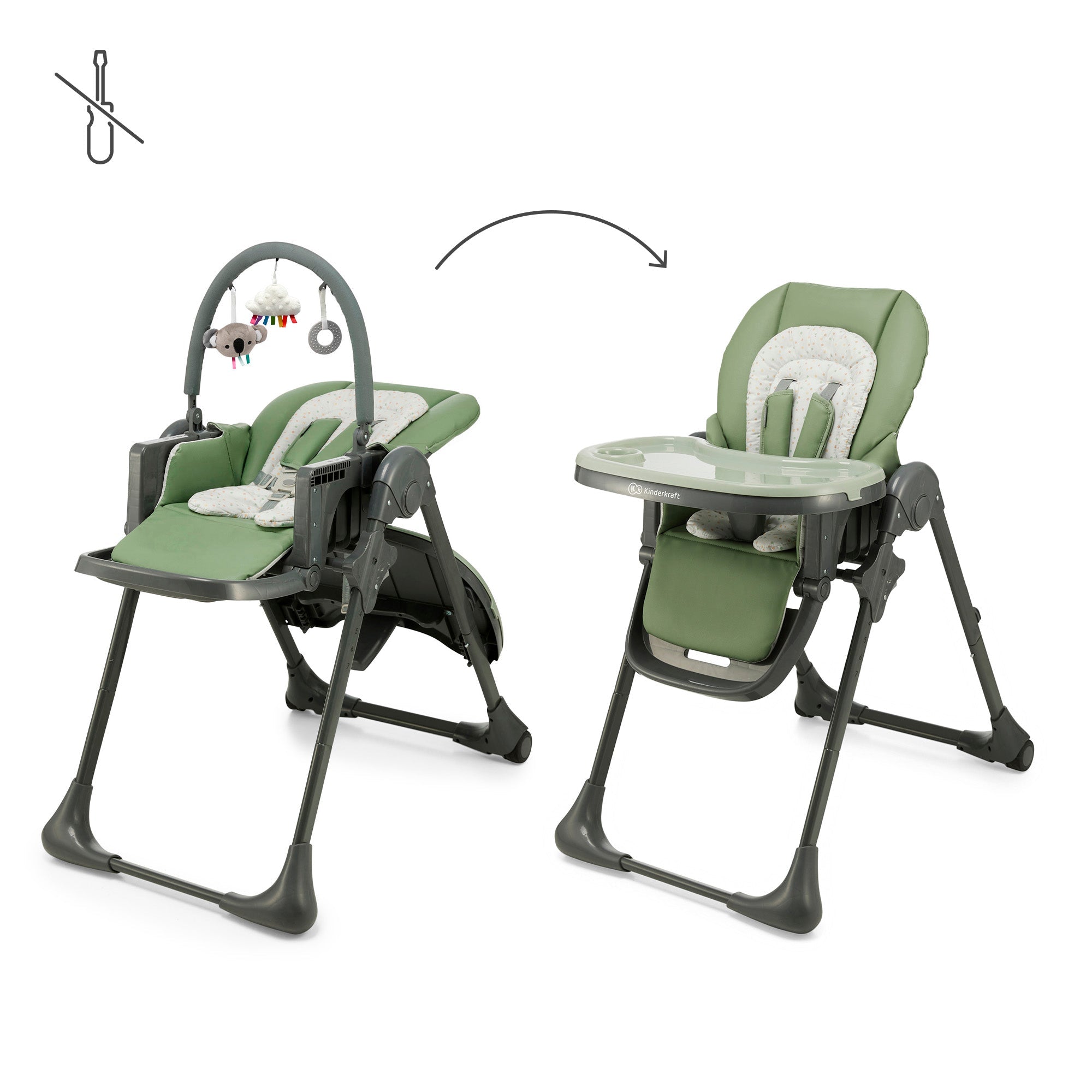 Kinderkraft Tummie bouncer and high chair modes, Green