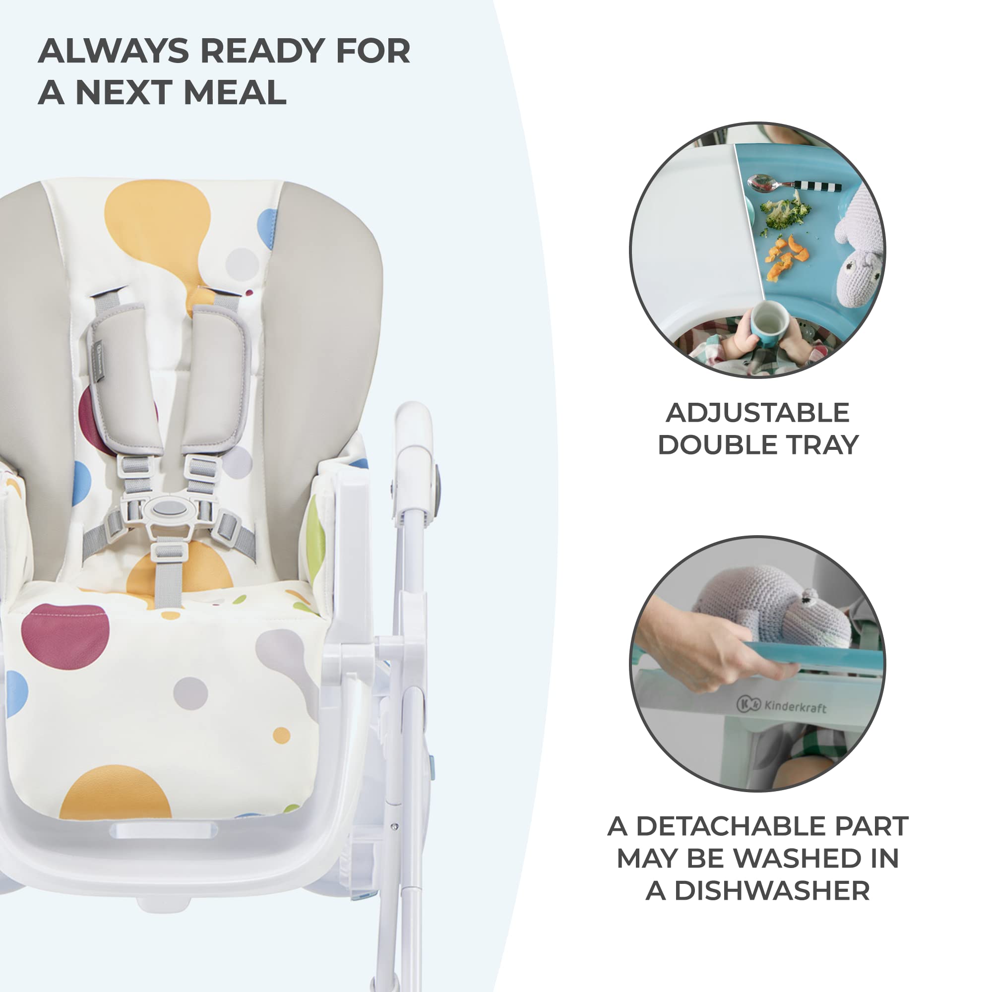 Kinderkraft Yummy Adjustable Baby High Chair, Foldable Toddler Feeding Chair with Removable Tray, 6 Months to 3 Years, Multicolor