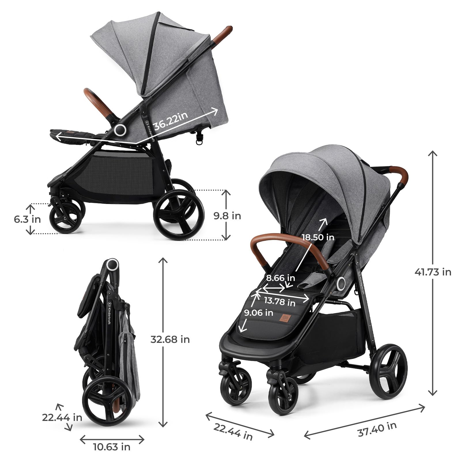 Kinderkraft Grande Plus Full-Size Convertible Baby Stroller with Lie-Flat Recline & Reversible Seat, One-Hand Fold, Newborn to 48 lbs