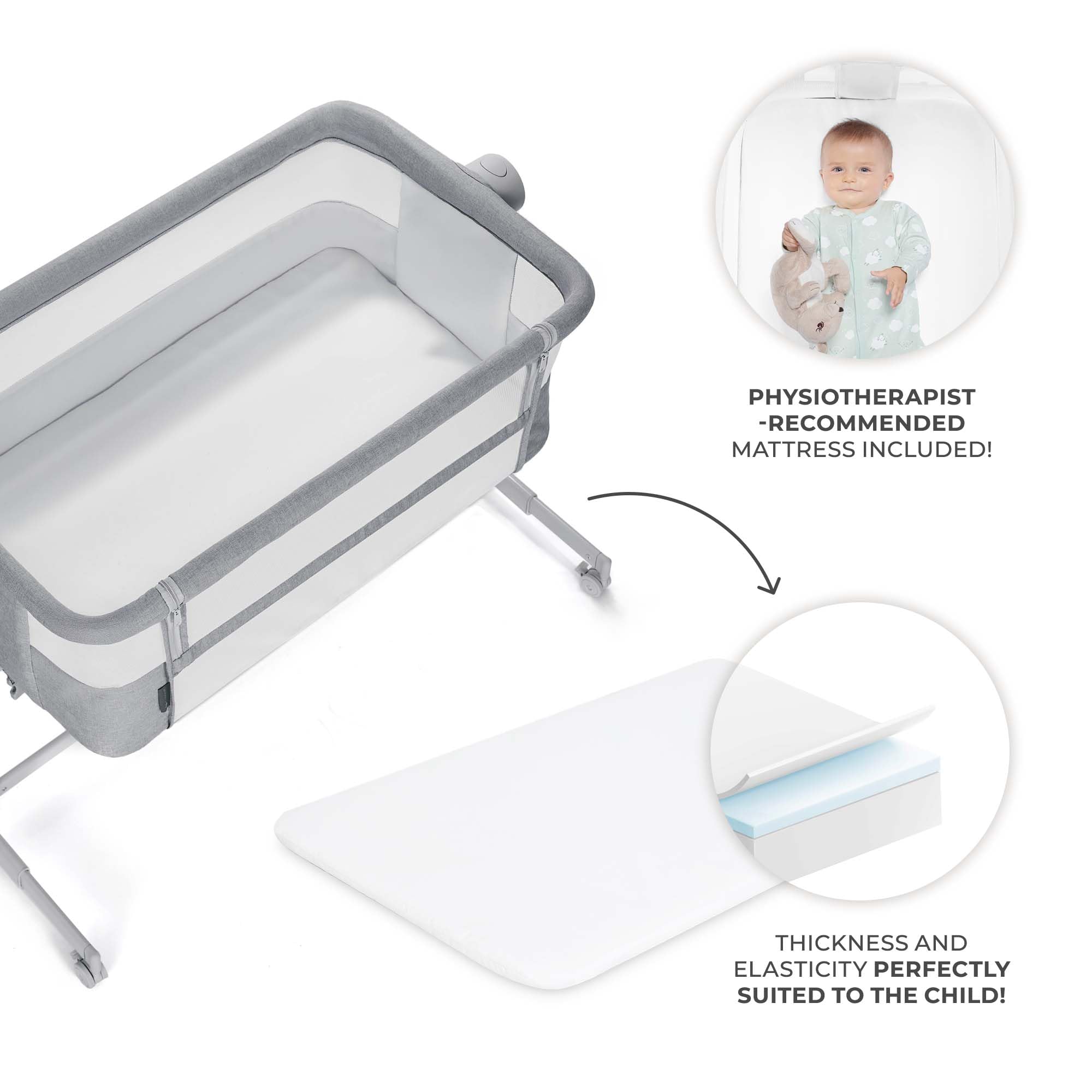 Full Light Gray NESTEE UP 2 showing the included physiotherapist-recommended mattress
