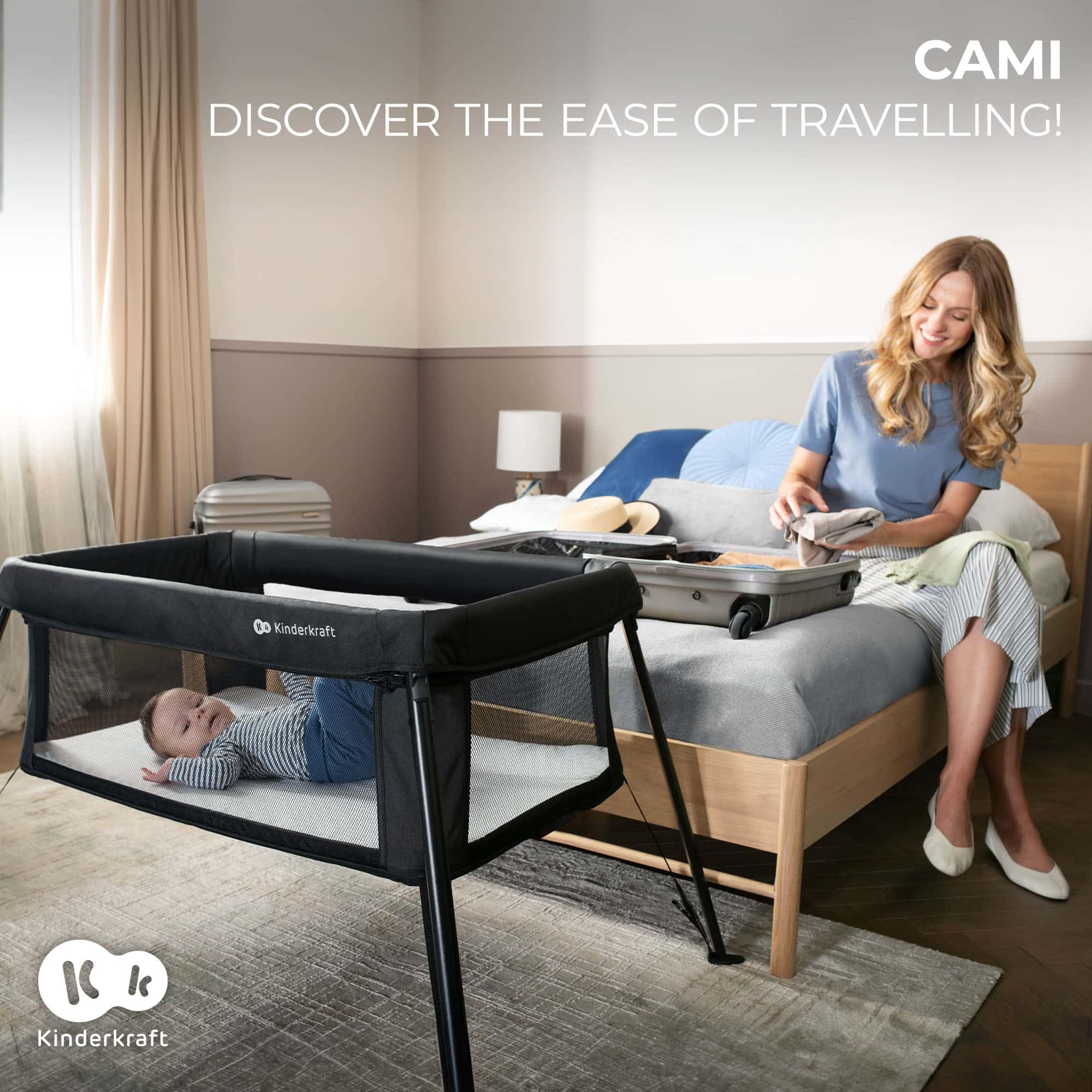 Kinderkraft Cami 3-in-1 Portable Travel Crib & Baby Playpen with Bassinet, Foldable Pack and Play for Newborn to 3 Years, Compact Fold