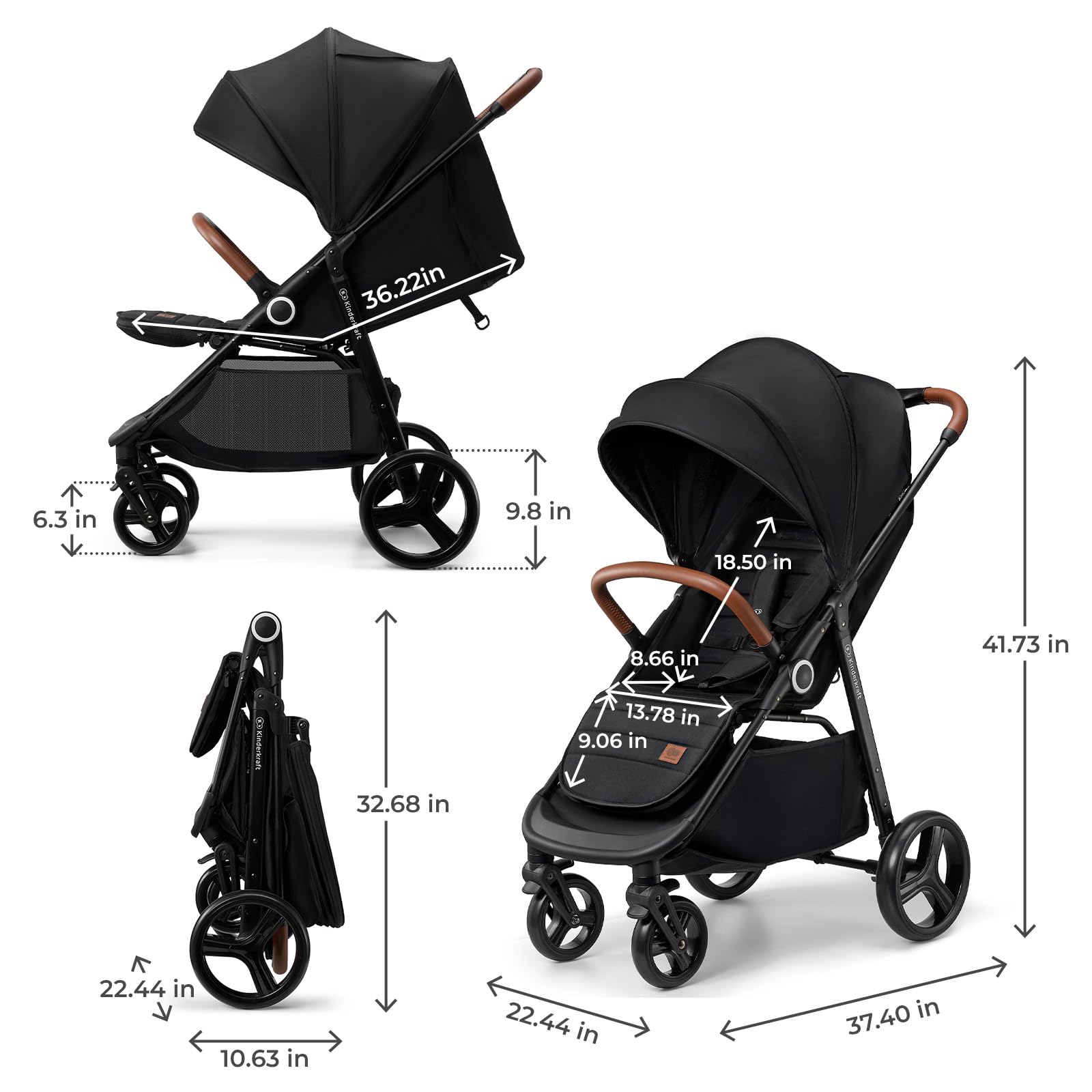 Kinderkraft Grande Plus Full-Size Convertible Baby Stroller with Lie-Flat Recline & Reversible Seat, One-Hand Fold, Newborn to 48 lbs