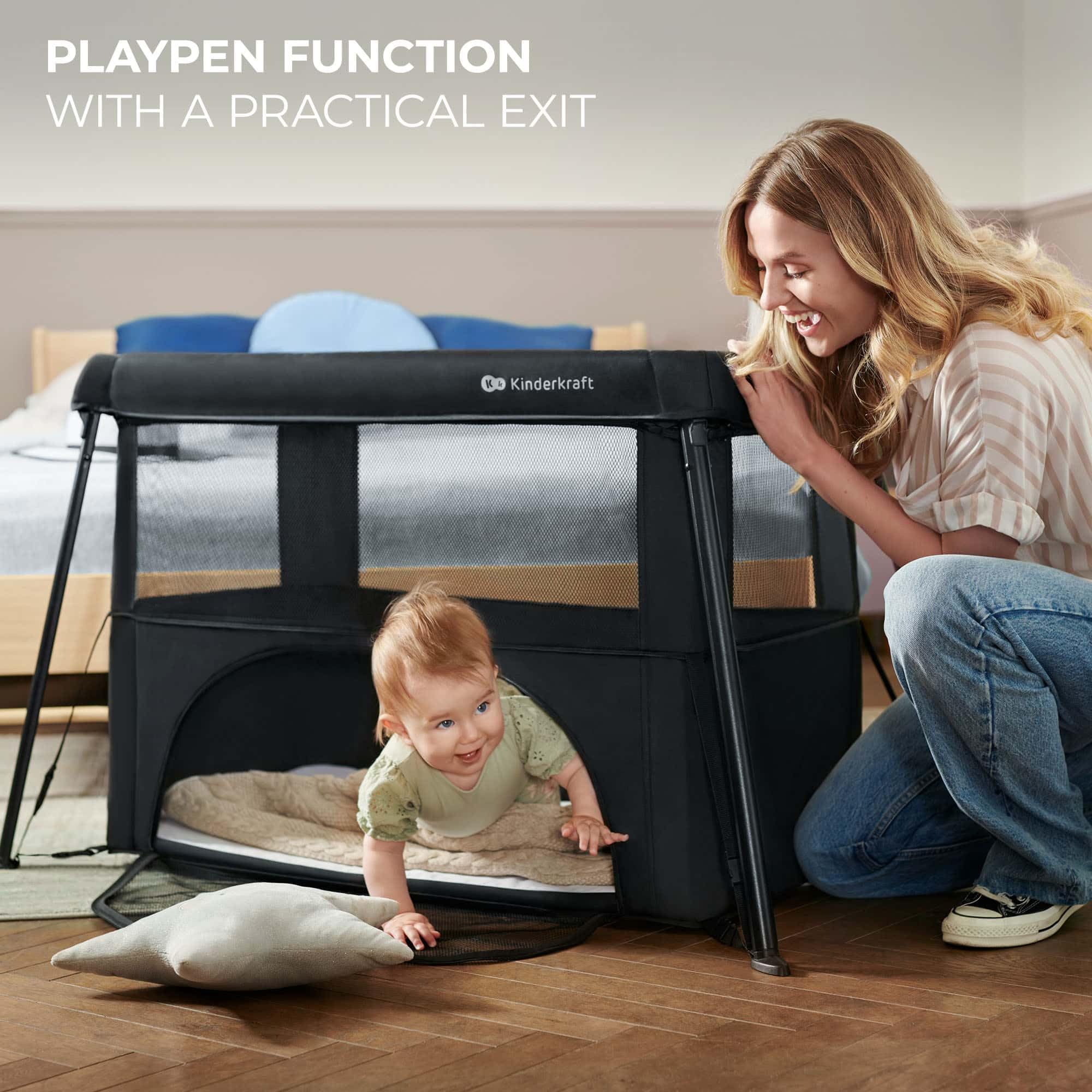 Kinderkraft Cami 3-in-1 Portable Travel Crib & Baby Playpen with Bassinet, Foldable Pack and Play for Newborn to 3 Years, Compact Fold
