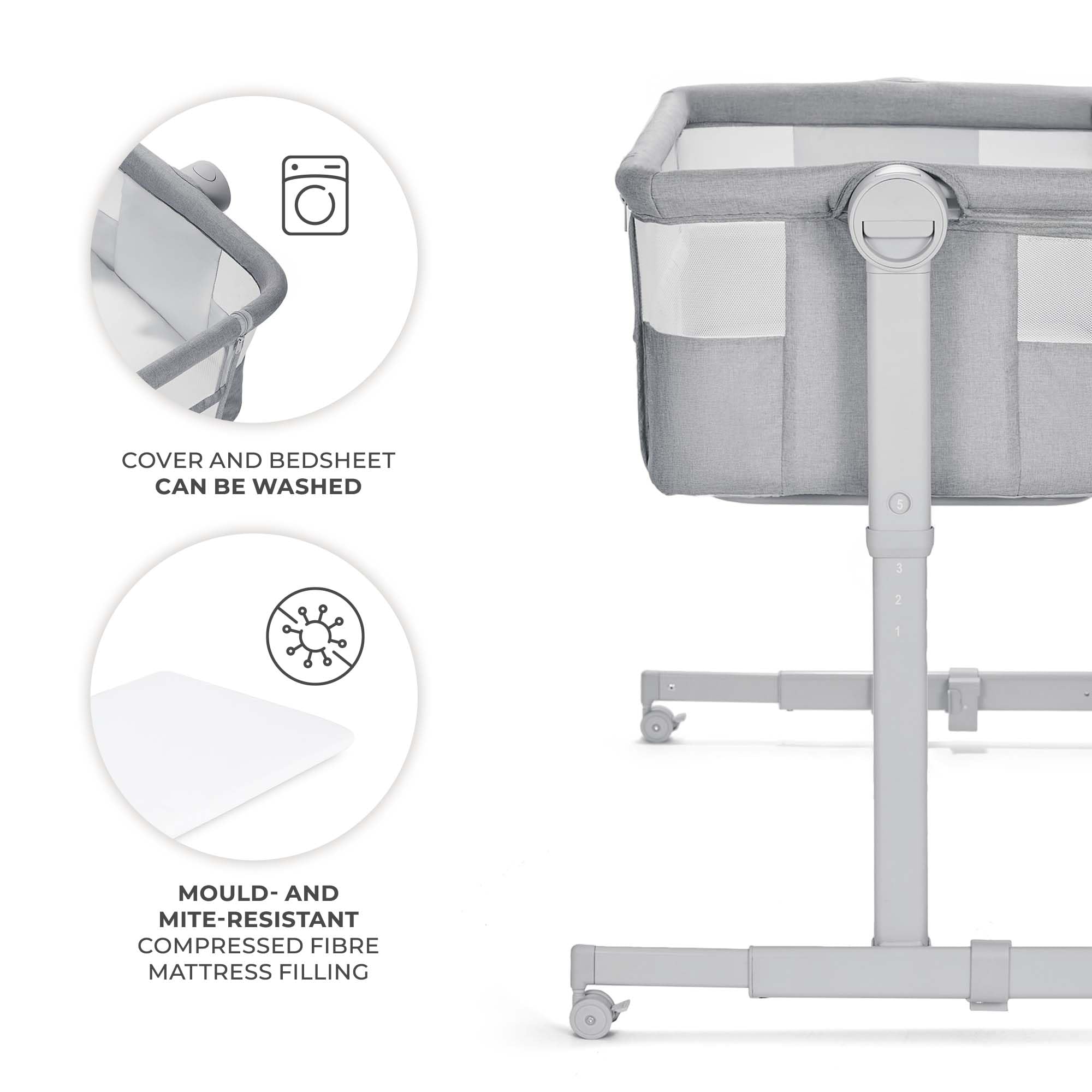 Full Light Gray NESTEE UP 2 with washable cover and mould-resistant mattress