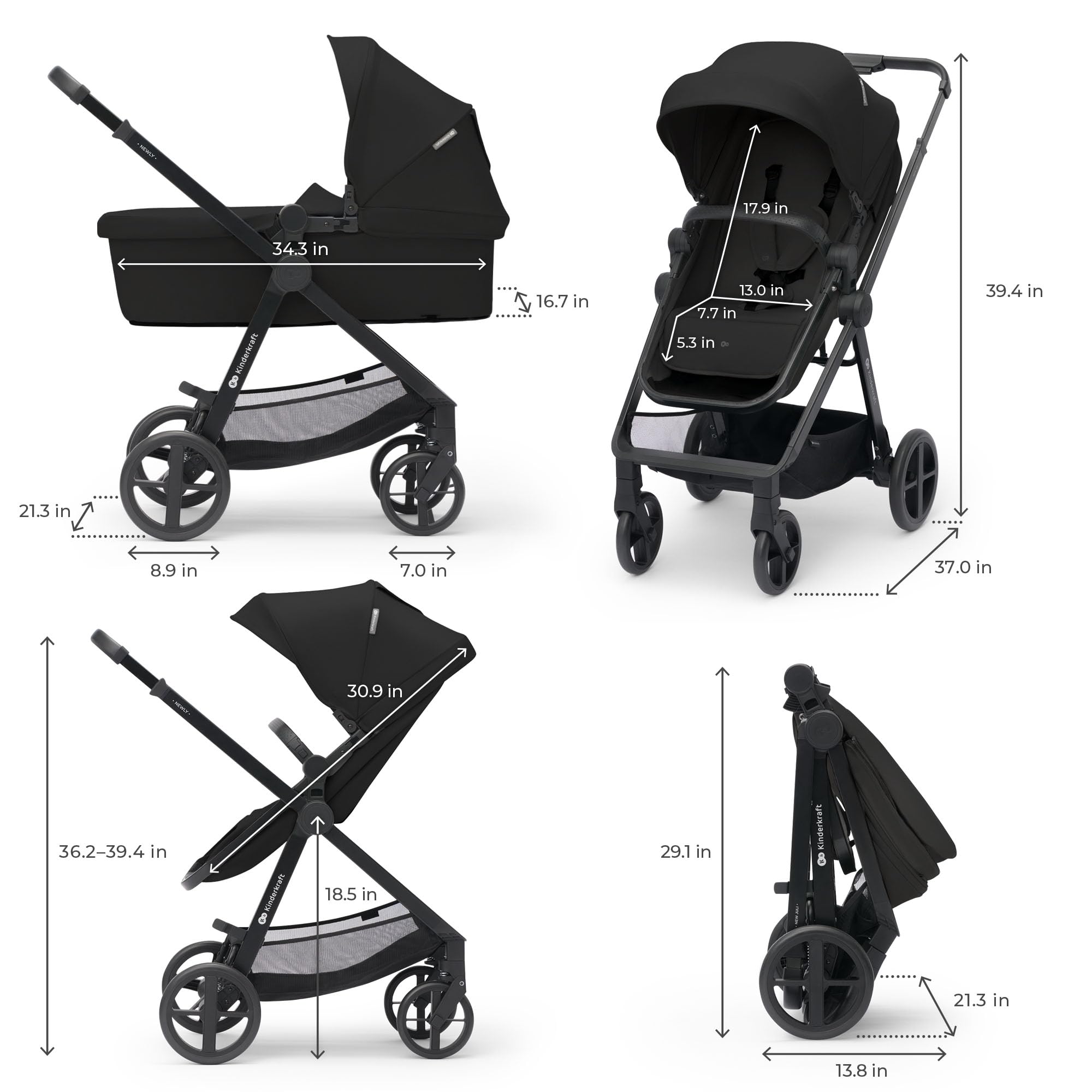 Kinderkraft Newly 2-in-1 Convertible Baby Stroller, Reversible Bassinet Pramette for Infant to Toddler, One-Hand Fold, Up to 48 lbs, Gray