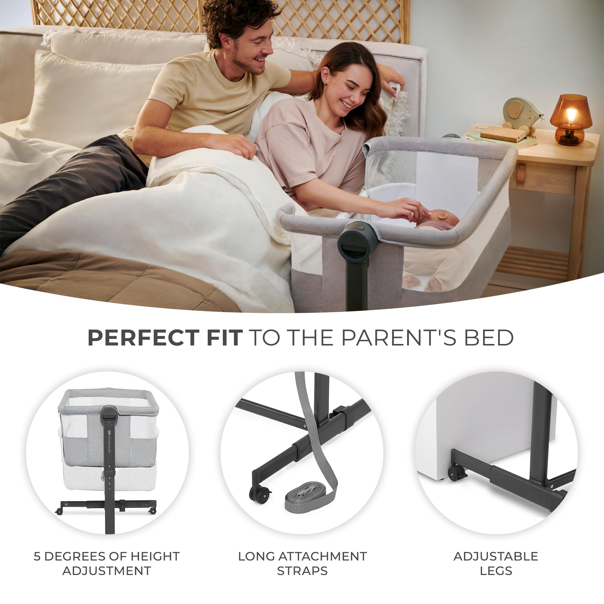Kinderkraft Neste UP2 Bedside Crib & Co-Sleeper Bassinet, Adjustable 5-Stage Height with Breathable Mesh Sides, Newborn to 20 lbs