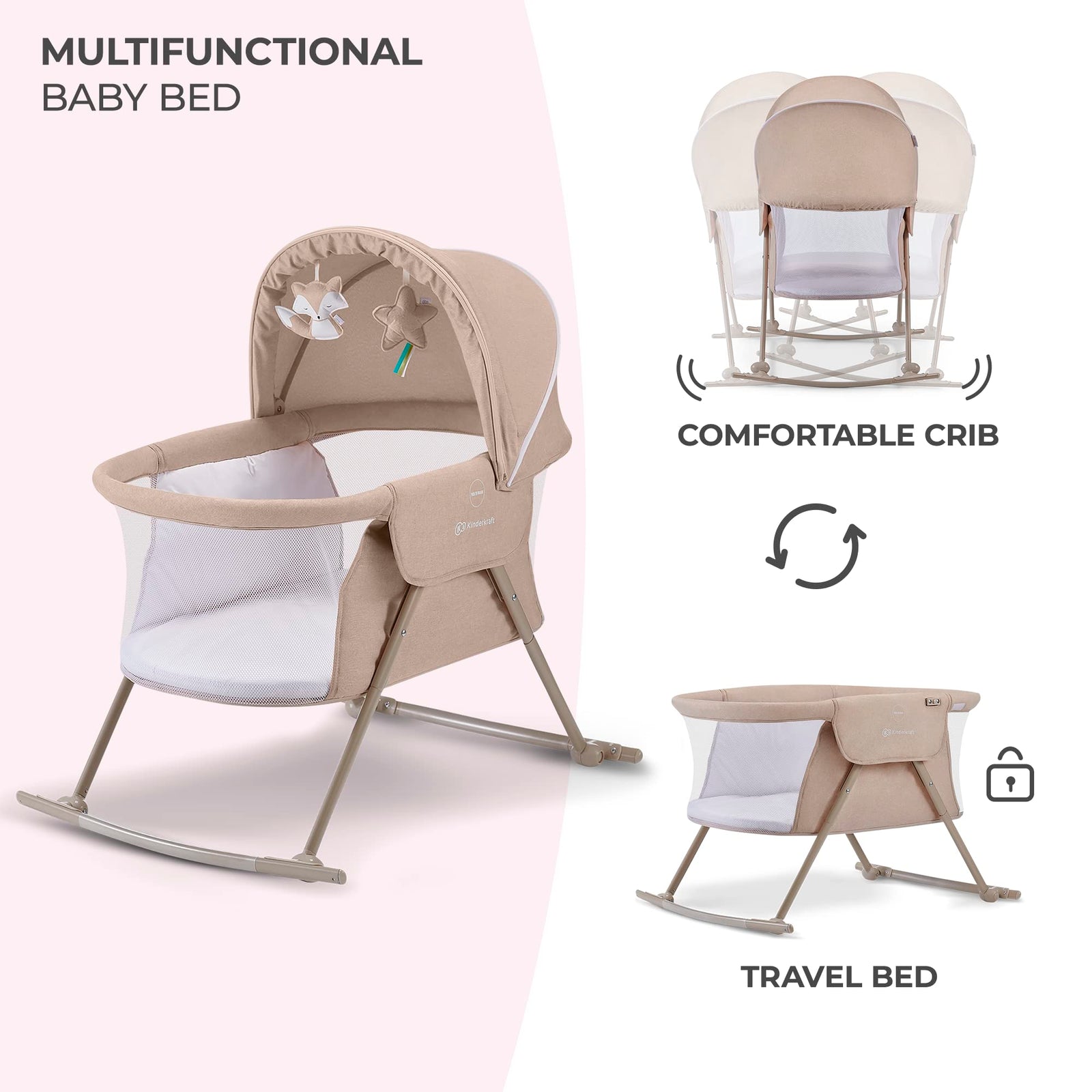 Kinderkraft LOVI Portable Travel Bassinet & Bedside Co-Sleeper Crib, Foldable, Up to 20 lbs