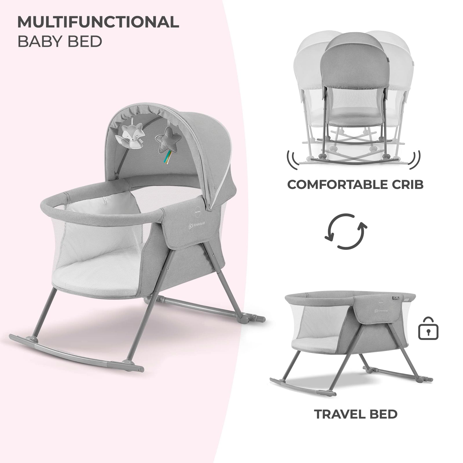 Kinderkraft LOVI Portable Travel Bassinet & Bedside Co-Sleeper Crib, Foldable, Up to 20 lbs
