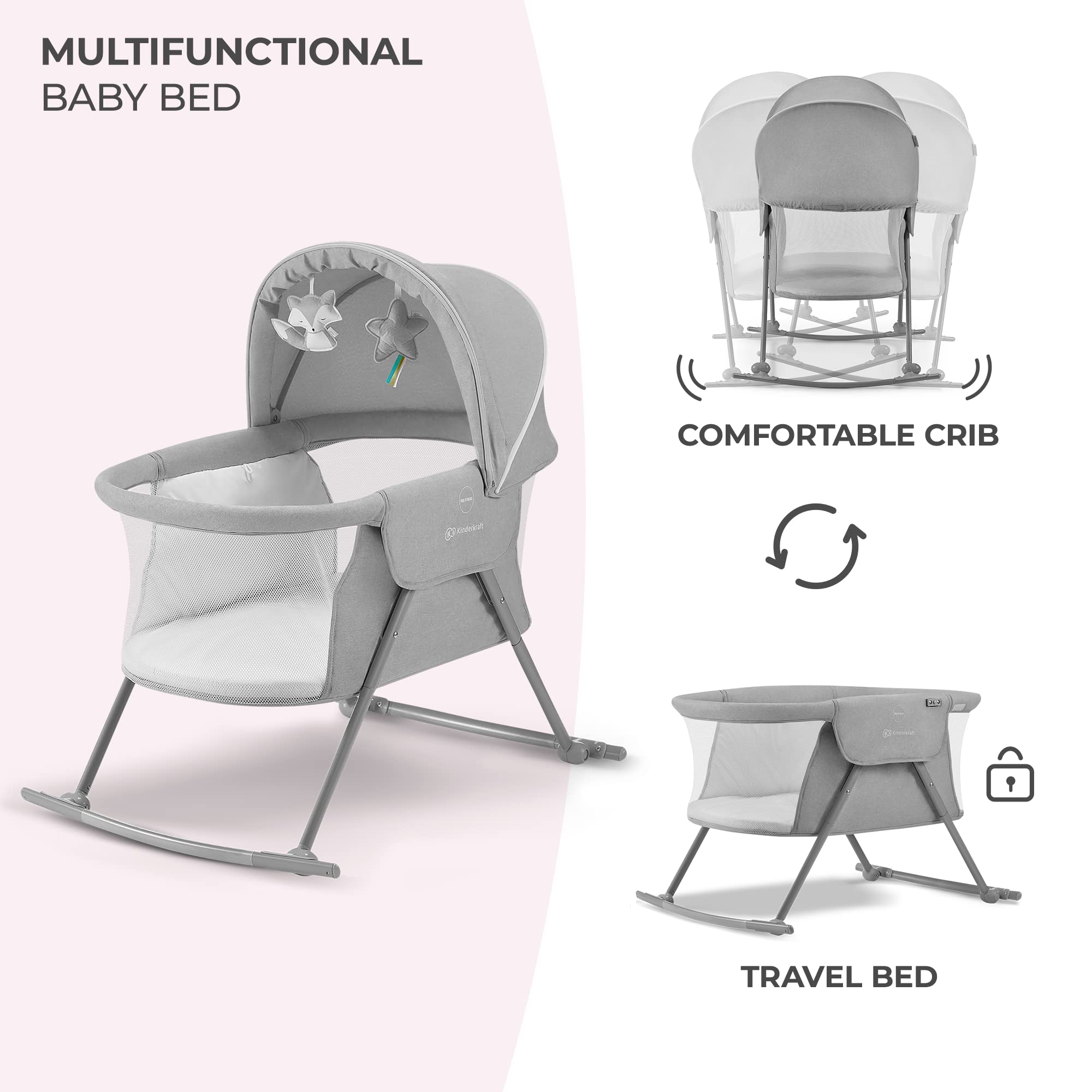 Kinderkraft Lovi Portable Travel Bassinet & Bedside Co-Sleeper Crib, Foldable, Up to 20 lbs