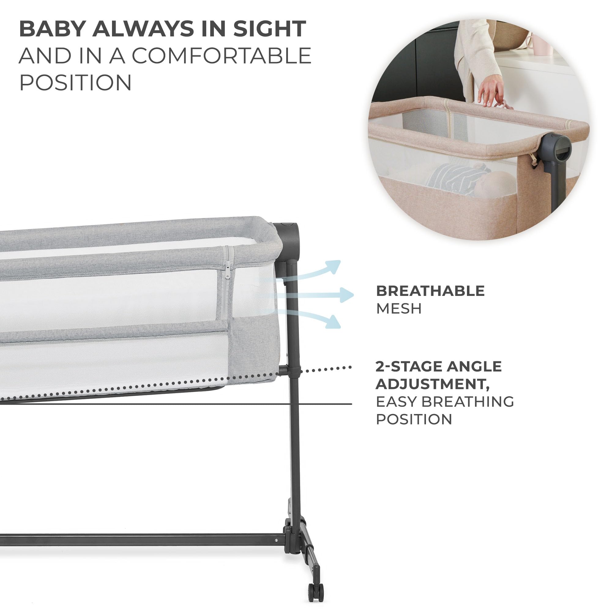 Kinderkraft Neste UP2 Bedside Crib & Co-Sleeper Bassinet, Adjustable 5-Stage Height with Breathable Mesh Sides, Newborn to 20 lbs