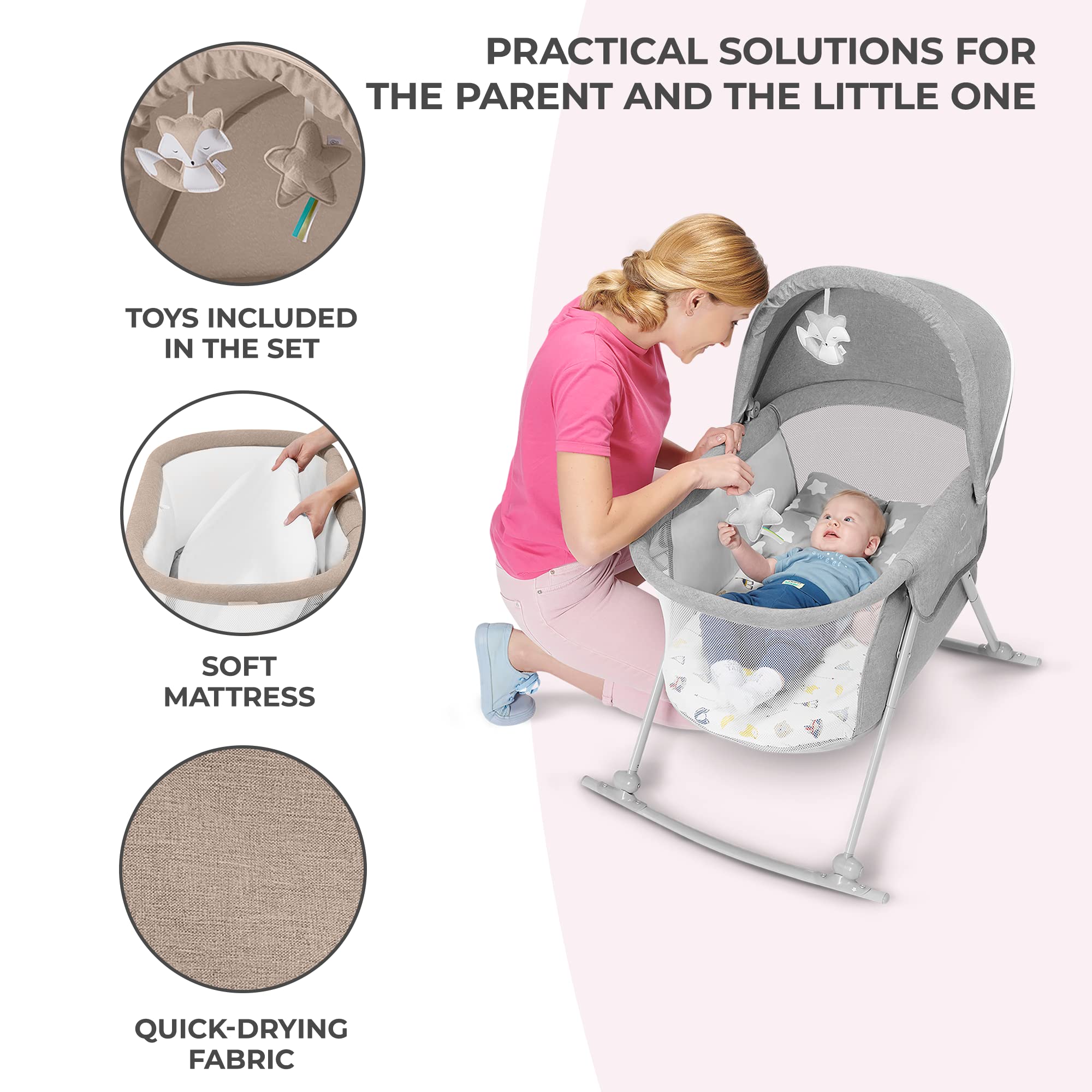 Kinderkraft Lovi Portable Travel Bassinet & Bedside Co-Sleeper Crib, Foldable, Up to 20 lbs