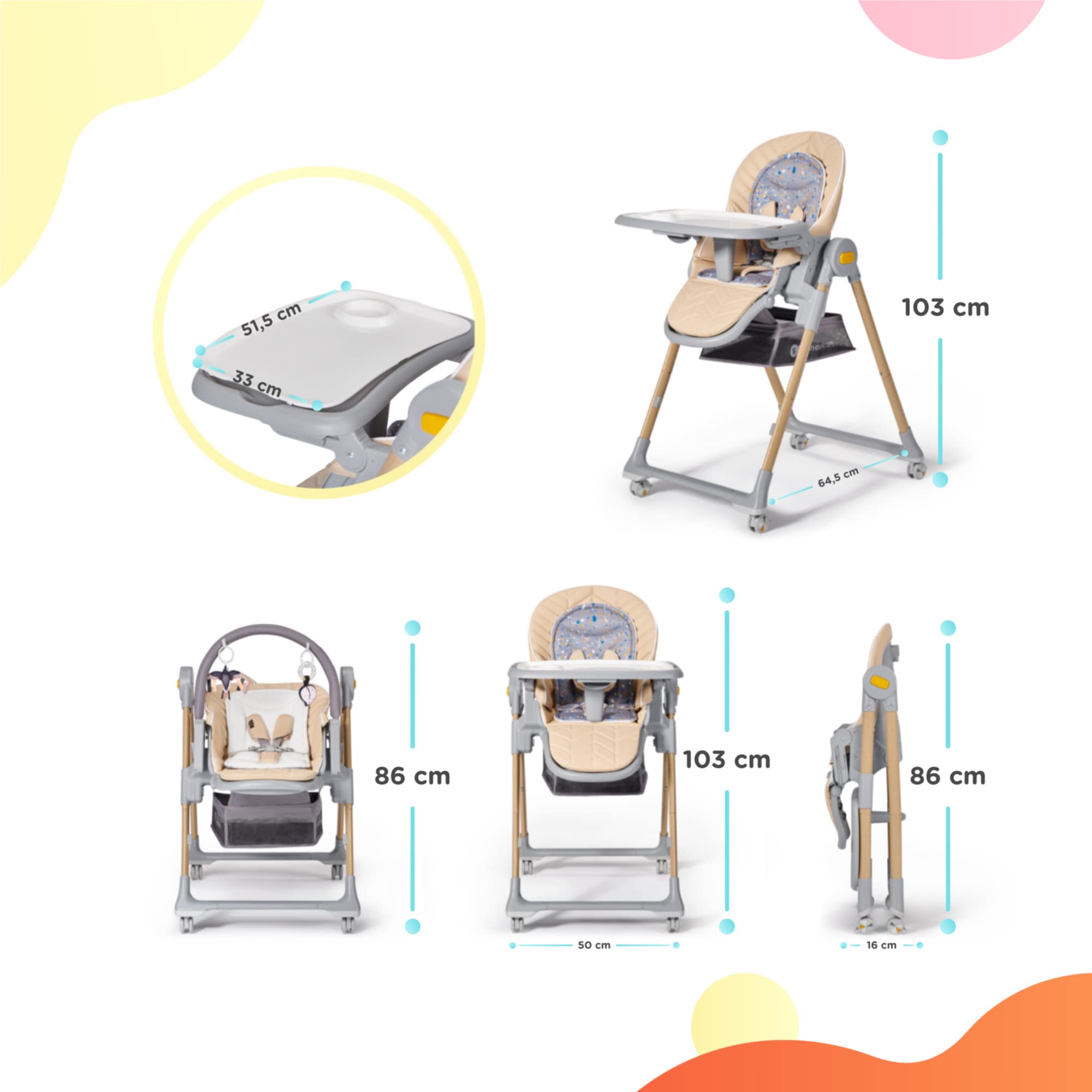 Kinderkraft Lastree 2-in-1 High Chair & Infant Seat, Convertible Foldable Toddler Feeding Chair, 0–33 lbs
