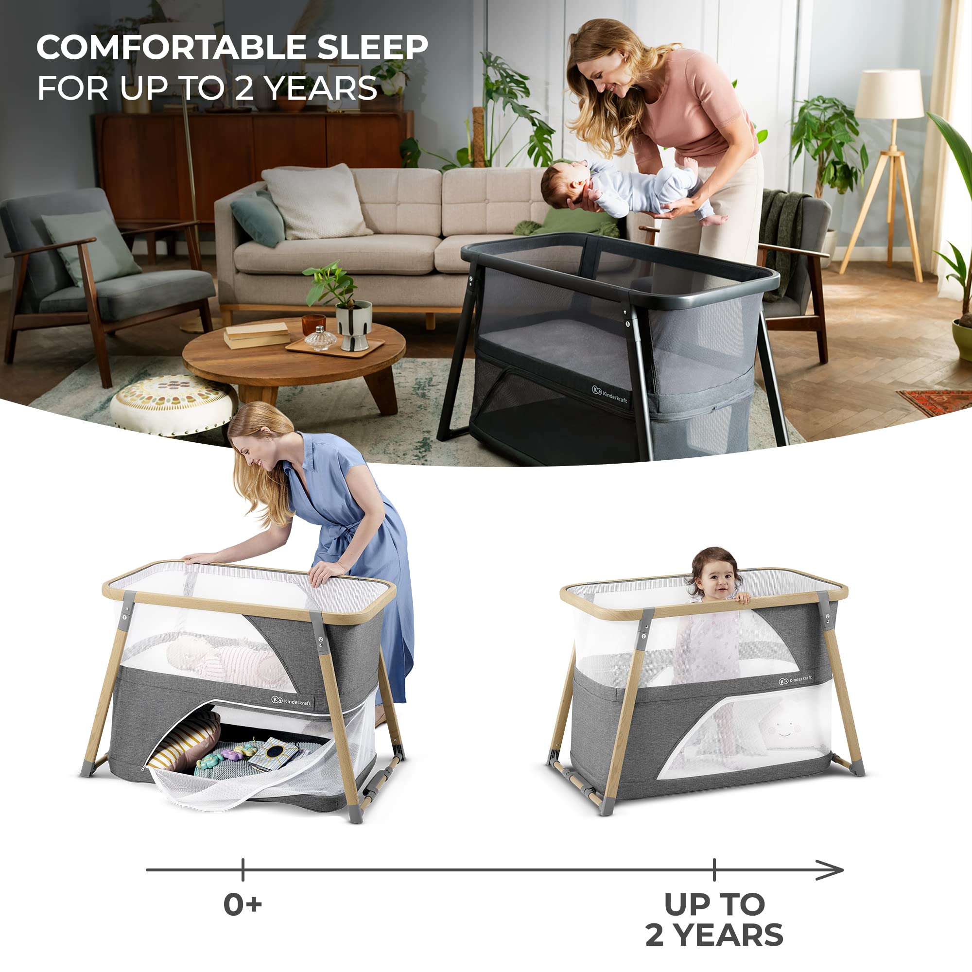 Kinderkraft Sofi 4-in-1 Portable Travel Crib & Baby Playpen, Foldable Pack and Play with Bassinet, Newborn to 33 lbs