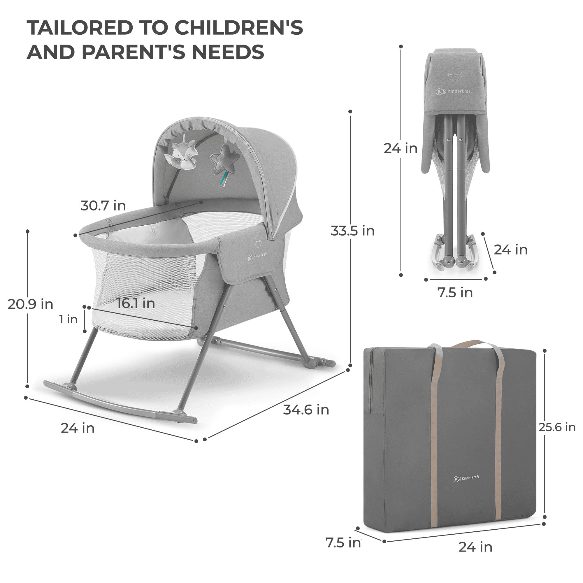 Kinderkraft Lovi Portable Travel Bassinet & Bedside Co-Sleeper Crib, Foldable, Up to 20 lbs