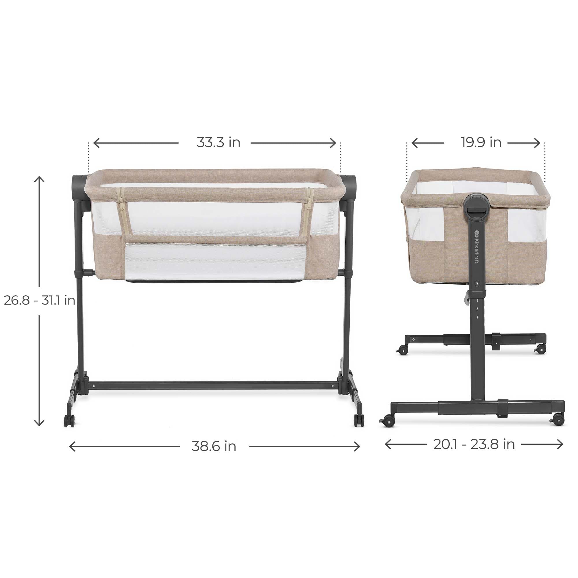 Kinderkraft Neste UP2 Bedside Crib & Co-Sleeper Bassinet, Adjustable 5-Stage Height with Breathable Mesh Sides, Newborn to 20 lbs