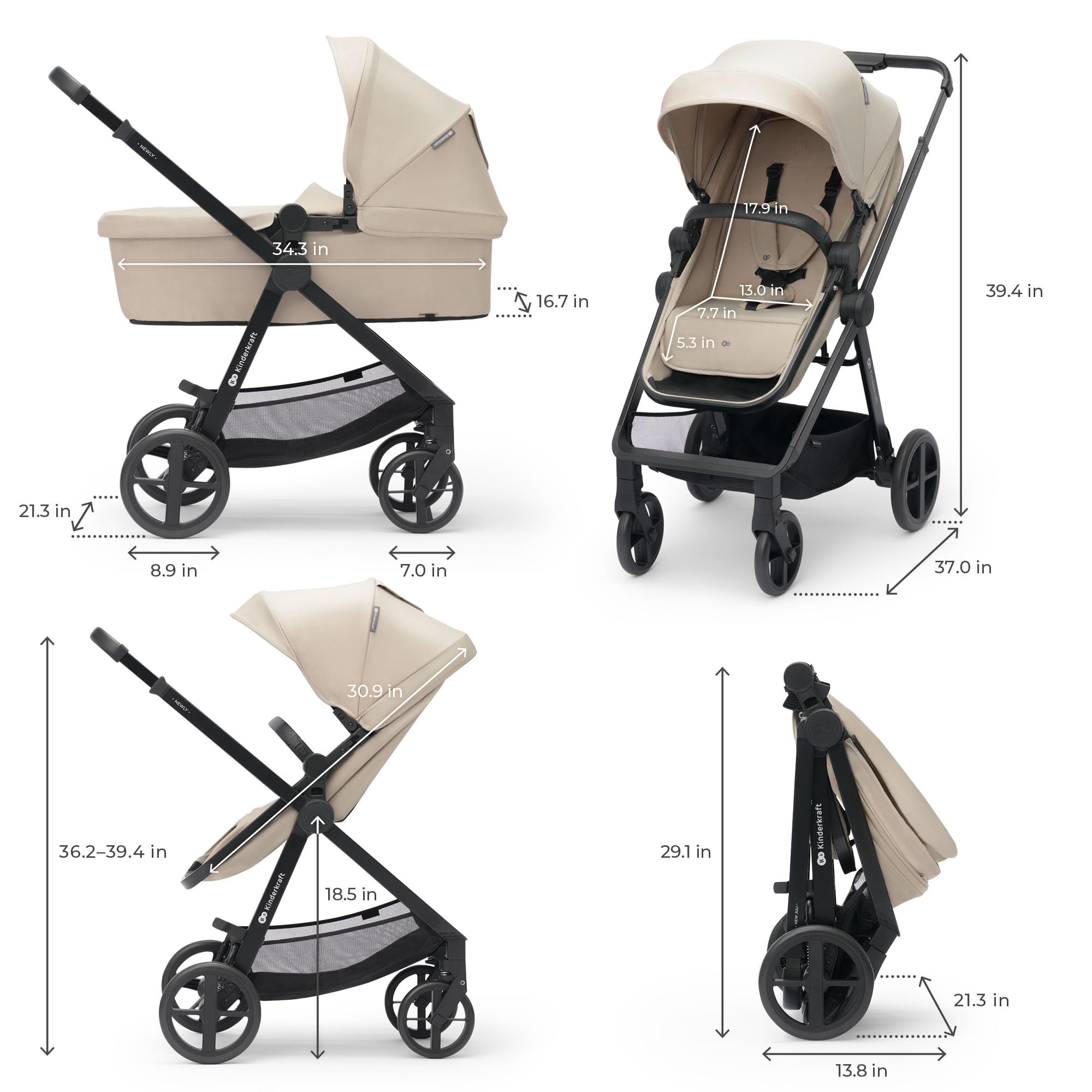 Kinderkraft Newly 2-in-1 Convertible Baby Stroller, Reversible Bassinet Pramette for Infant to Toddler, One-Hand Fold, Up to 48 lbs, Gray