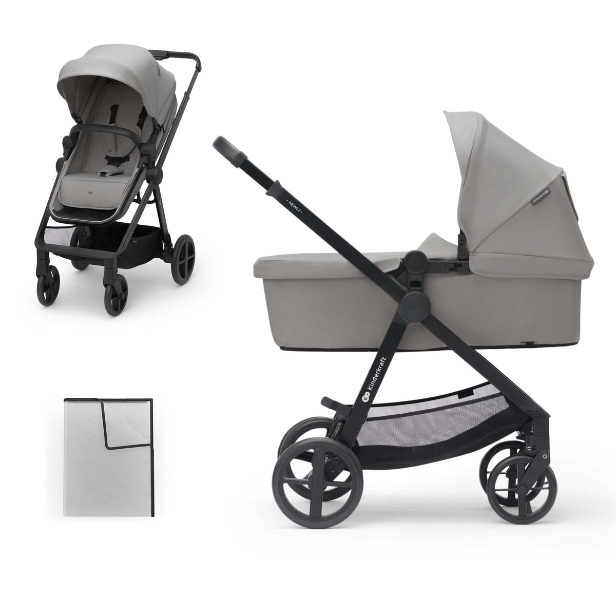 Kinderkraft Newly 2-in-1 Convertible Baby Stroller, Reversible Bassinet Pramette for Infant to Toddler, One-Hand Fold, Up to 48 lbs, Gray