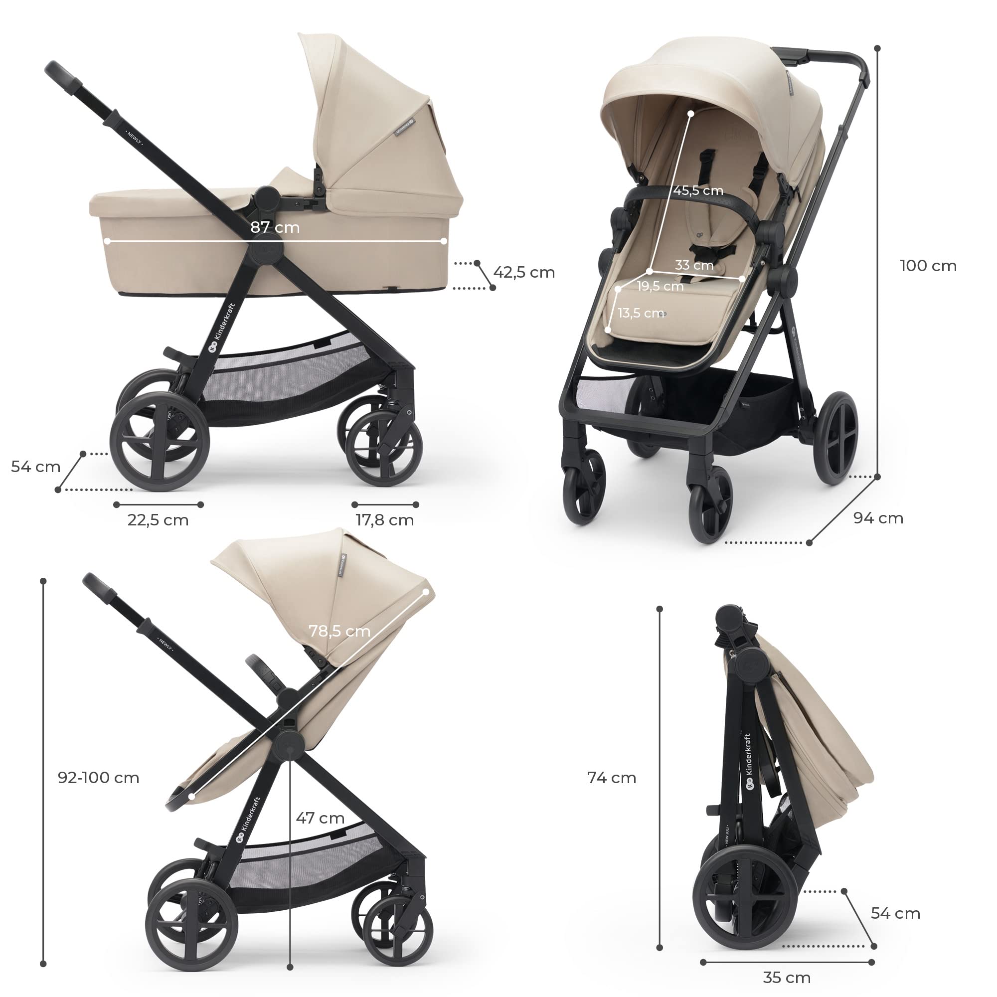 Kinderkraft Newly 2-in-1 Convertible Baby Stroller, Reversible Bassinet Pramette for Infant to Toddler, One-Hand Fold, Up to 48 lbs, Gray