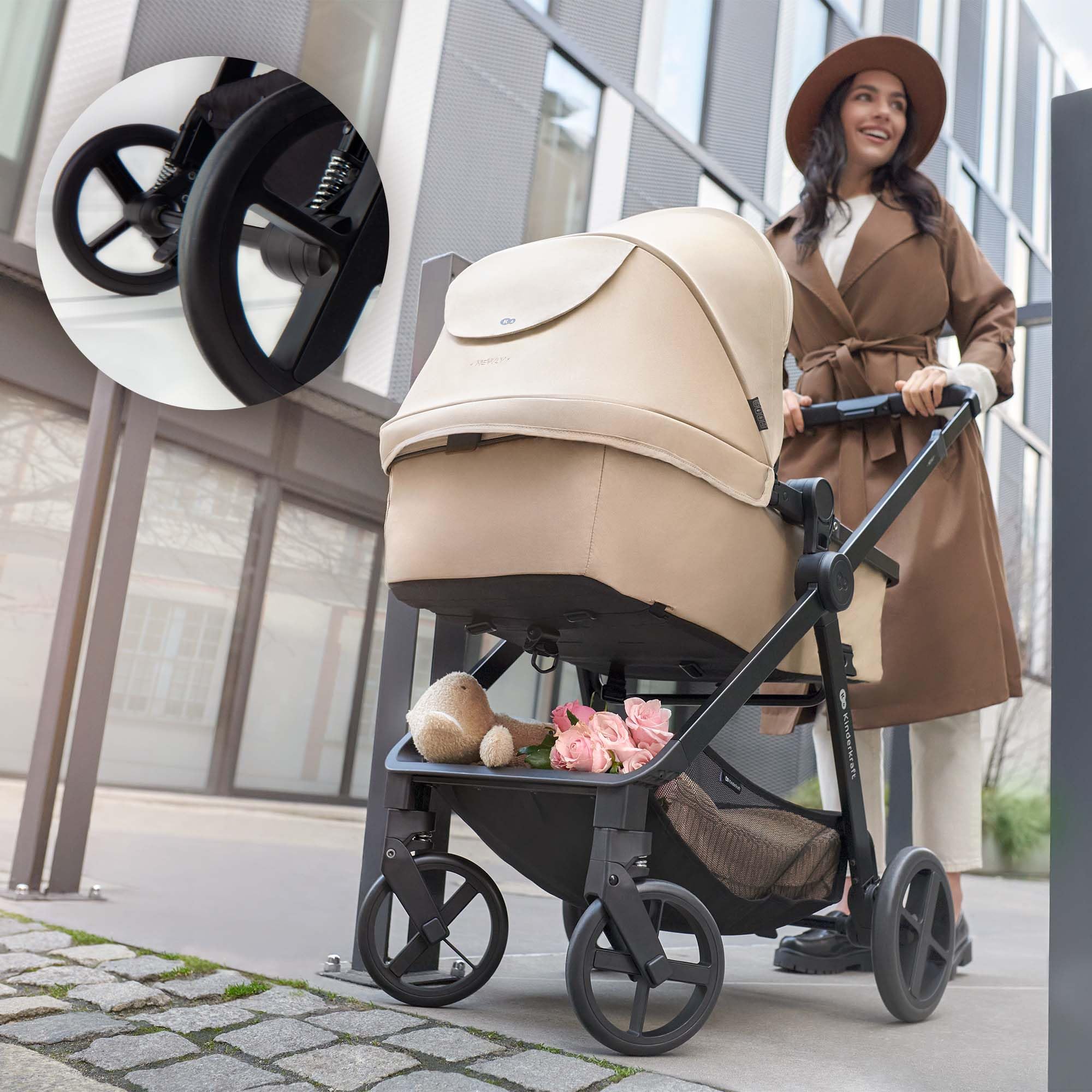 Kinderkraft Newly 2-in-1 Convertible Baby Stroller, Reversible Bassinet Pramette for Infant to Toddler, One-Hand Fold, Up to 48 lbs, Gray