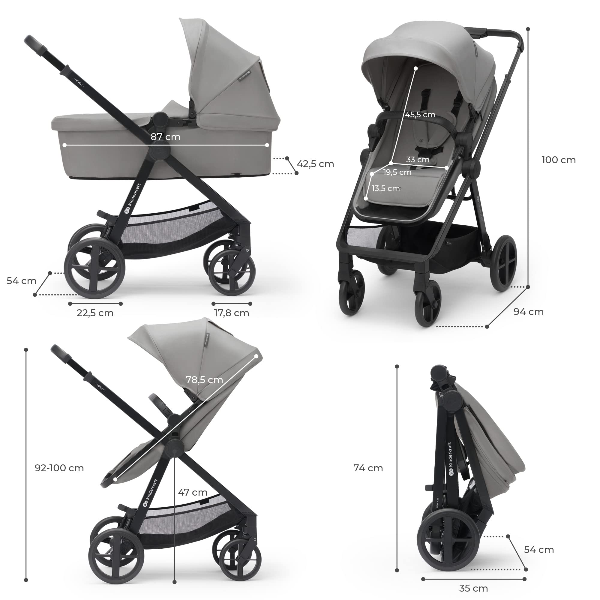 Kinderkraft Newly 2-in-1 Convertible Baby Stroller, Reversible Bassinet Pramette for Infant to Toddler, One-Hand Fold, Up to 48 lbs, Gray
