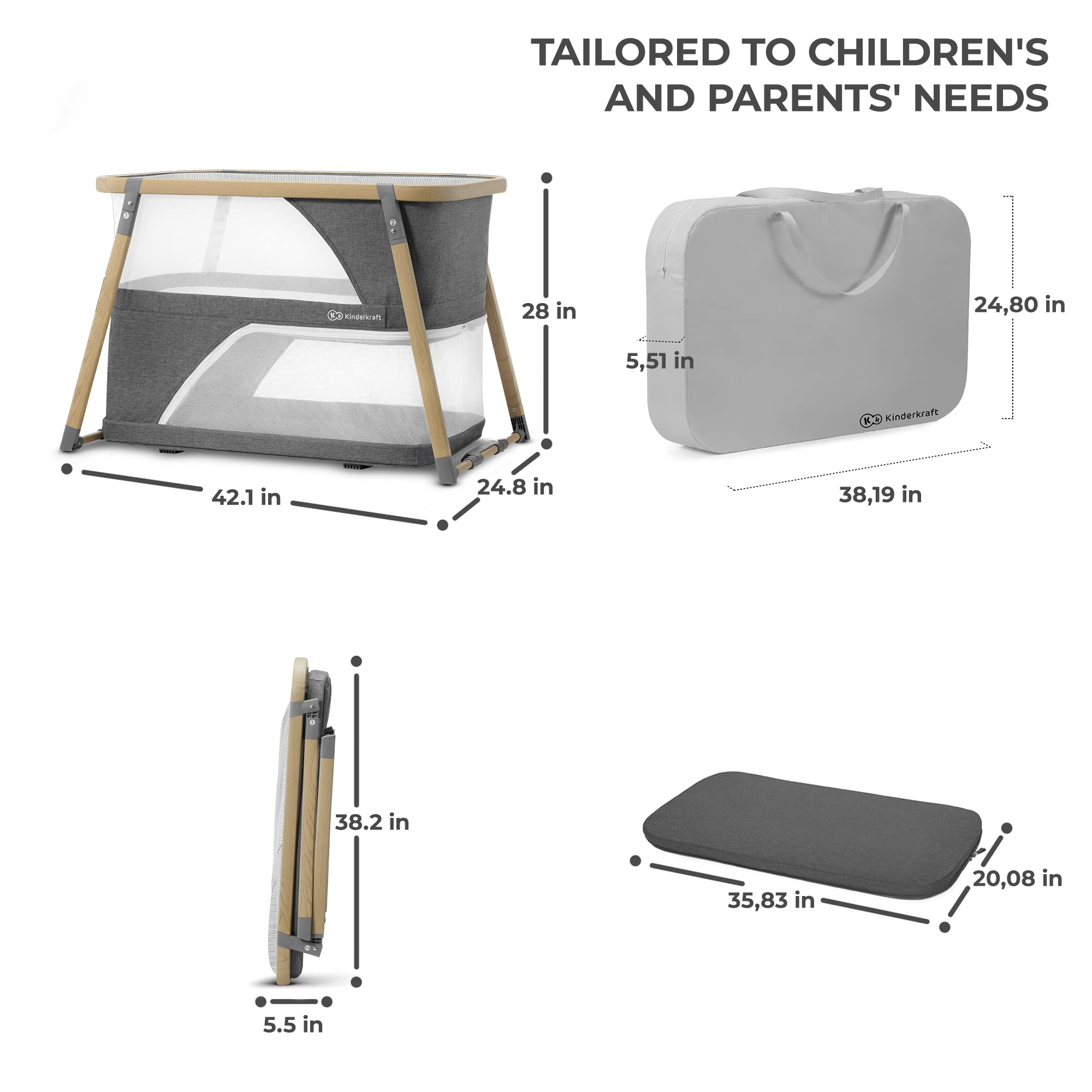 Kinderkraft Sofi 4-in-1 Portable Travel Crib & Baby Playpen, Foldable Pack and Play with Bassinet, Newborn to 33 lbs