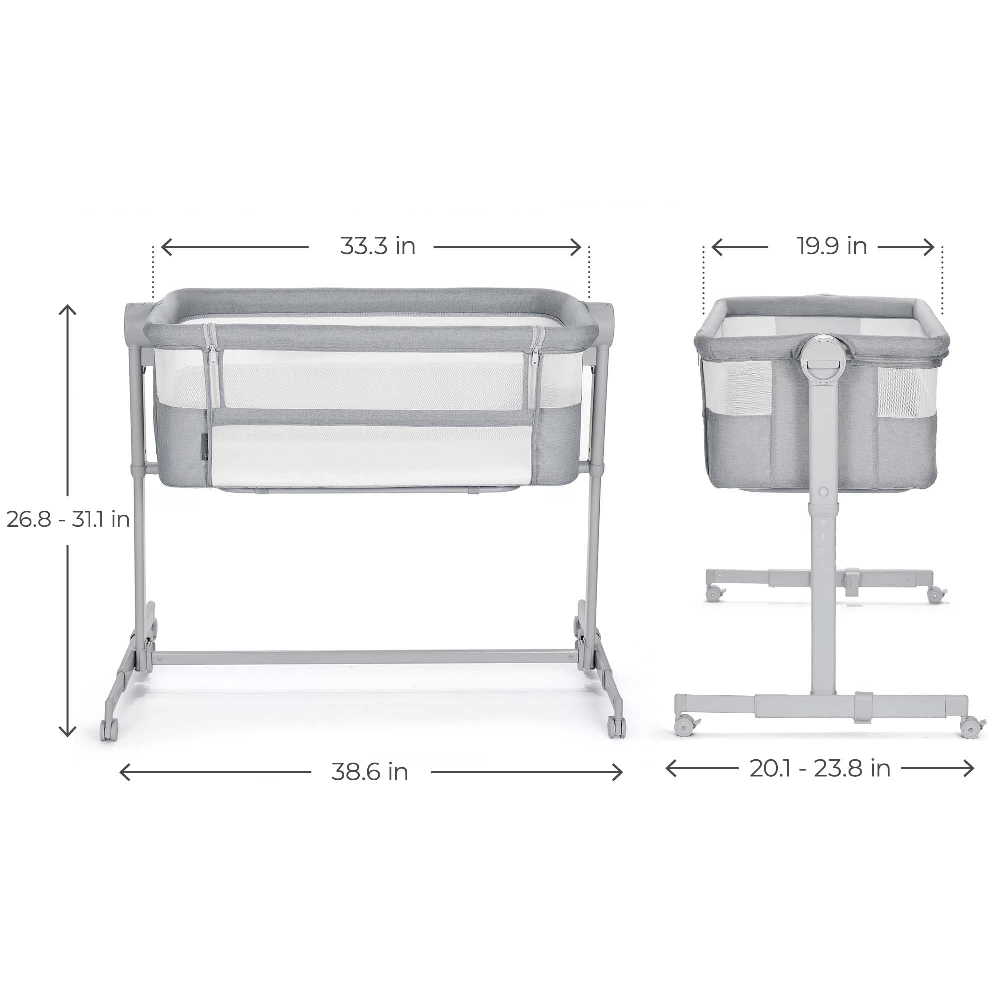 Full Light Gray NESTEE UP 2 dimensions: 33.3 in long, 19.9 in wide, 26.8 to 31.1 in tall
