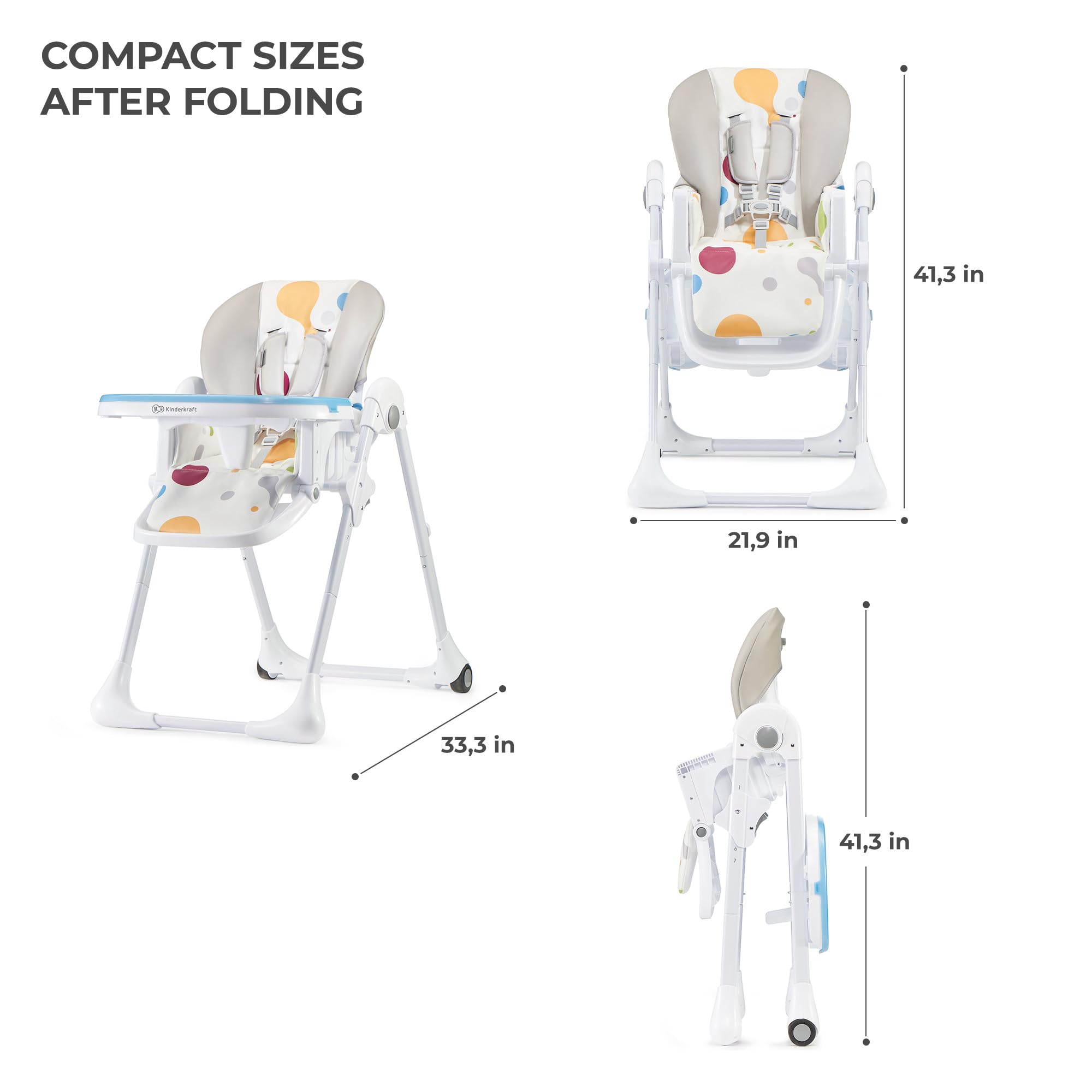 Kinderkraft Yummy Adjustable Baby High Chair, Foldable Toddler Feeding Chair with Removable Tray, 6 Months to 3 Years, Multicolor