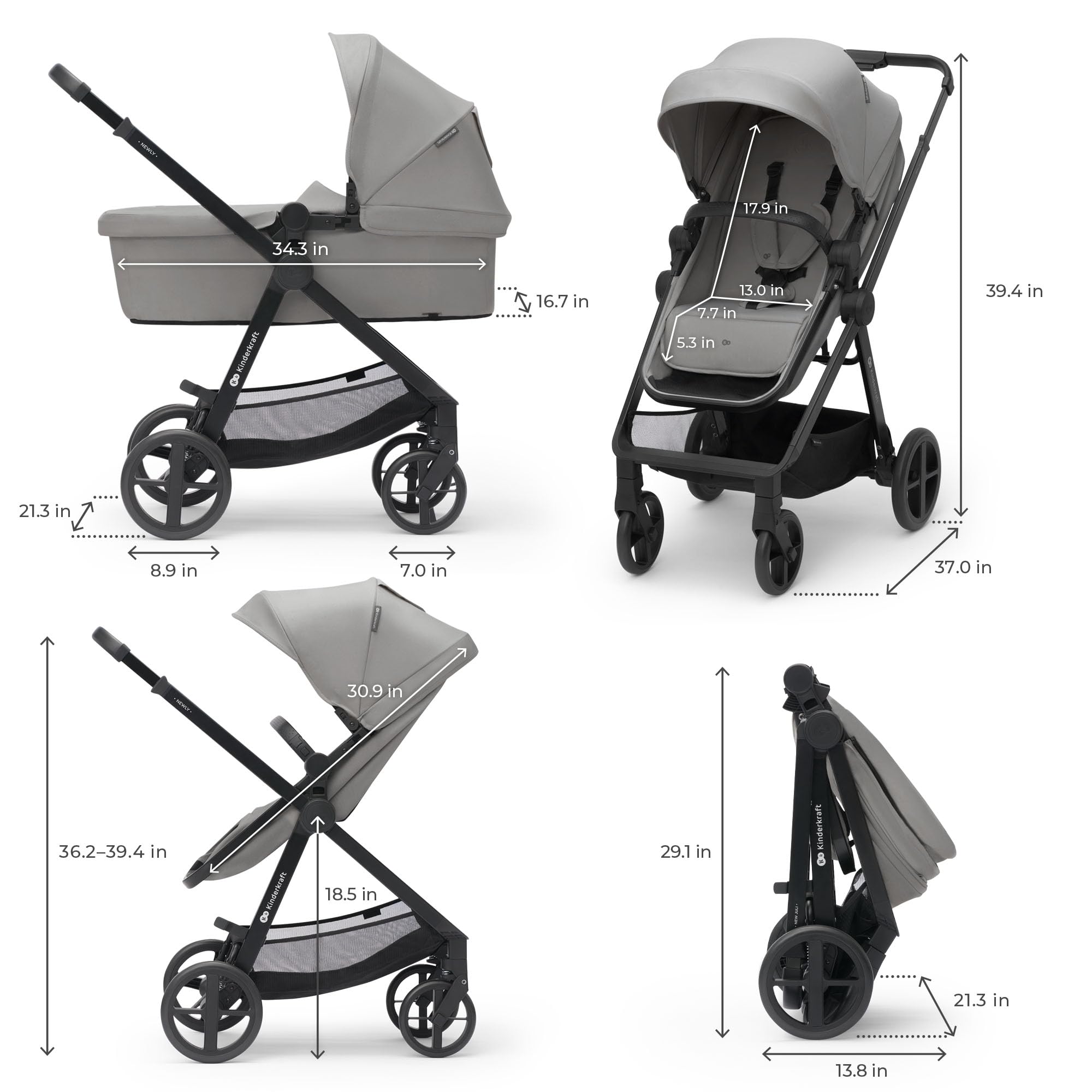 Kinderkraft Newly 2-in-1 Convertible Baby Stroller, Reversible Bassinet Pramette for Infant to Toddler, One-Hand Fold, Up to 48 lbs, Gray