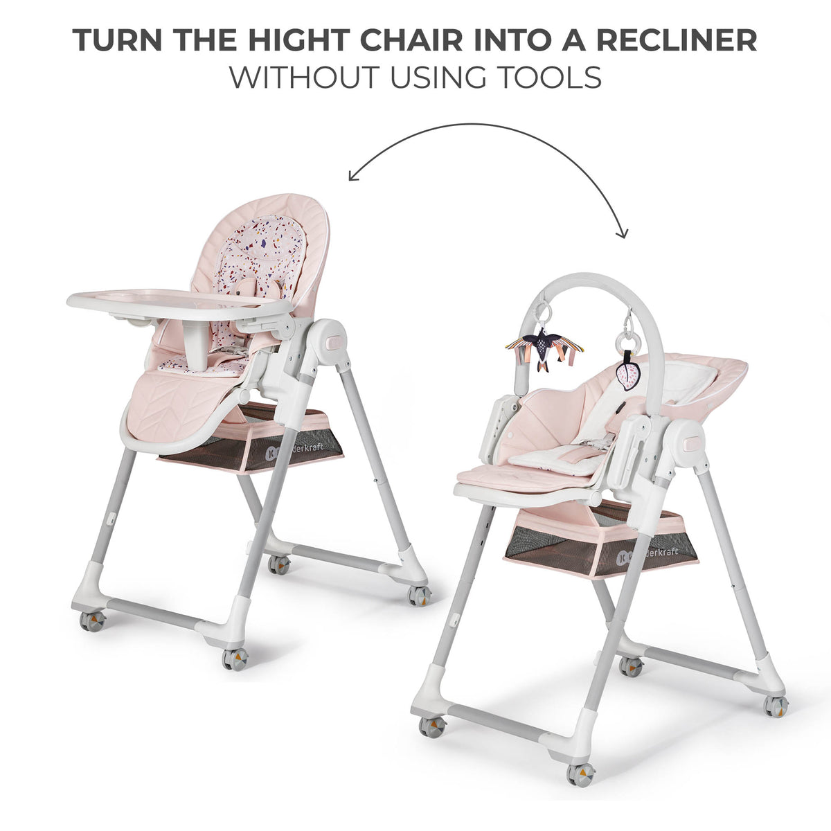 Pink Kinderkraft Lastree converting from high chair to infant recliner without tools